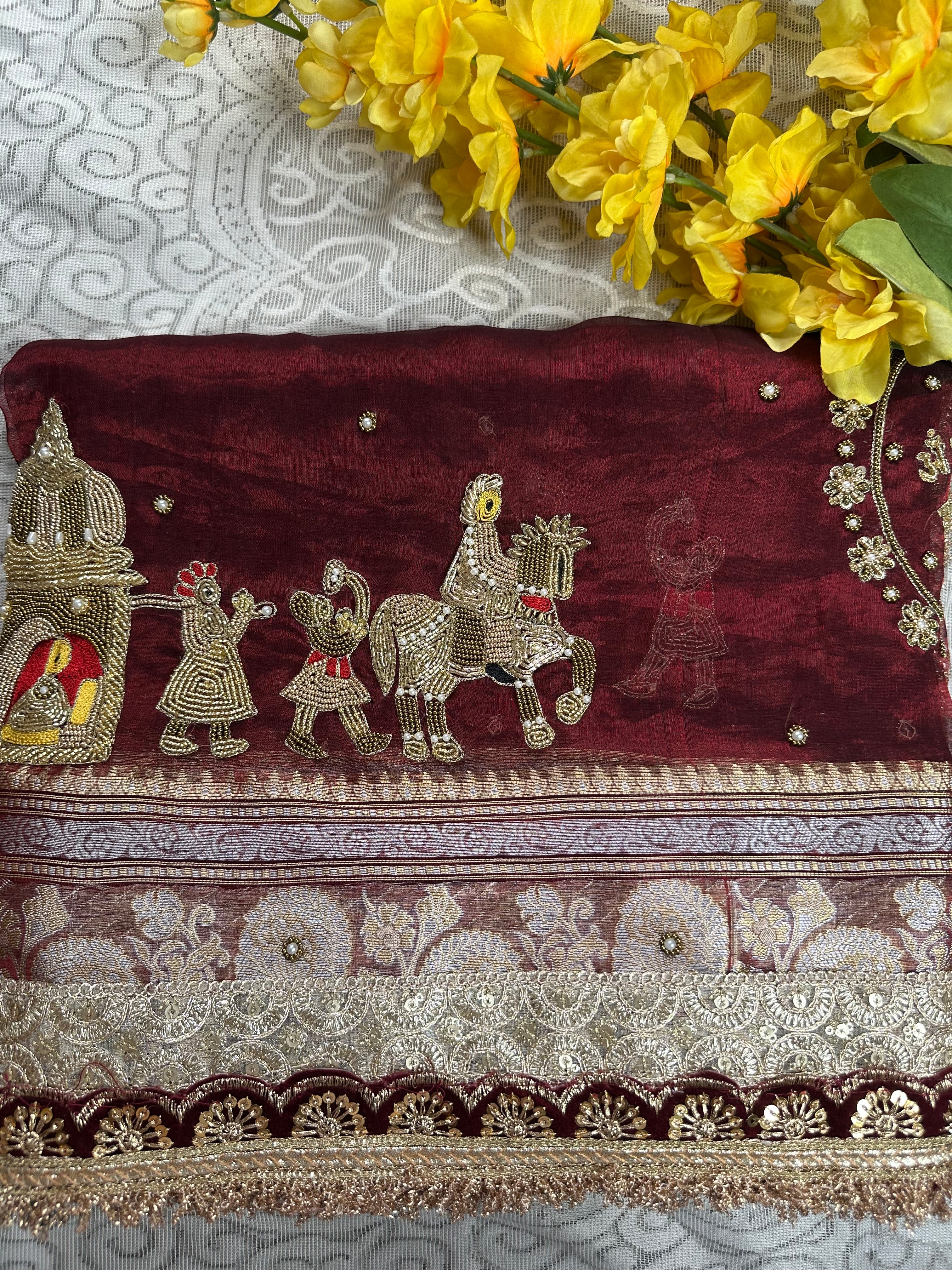 Dulhan Choice - Maroon Pure Tissue Silk Saree With Hand Embroidery