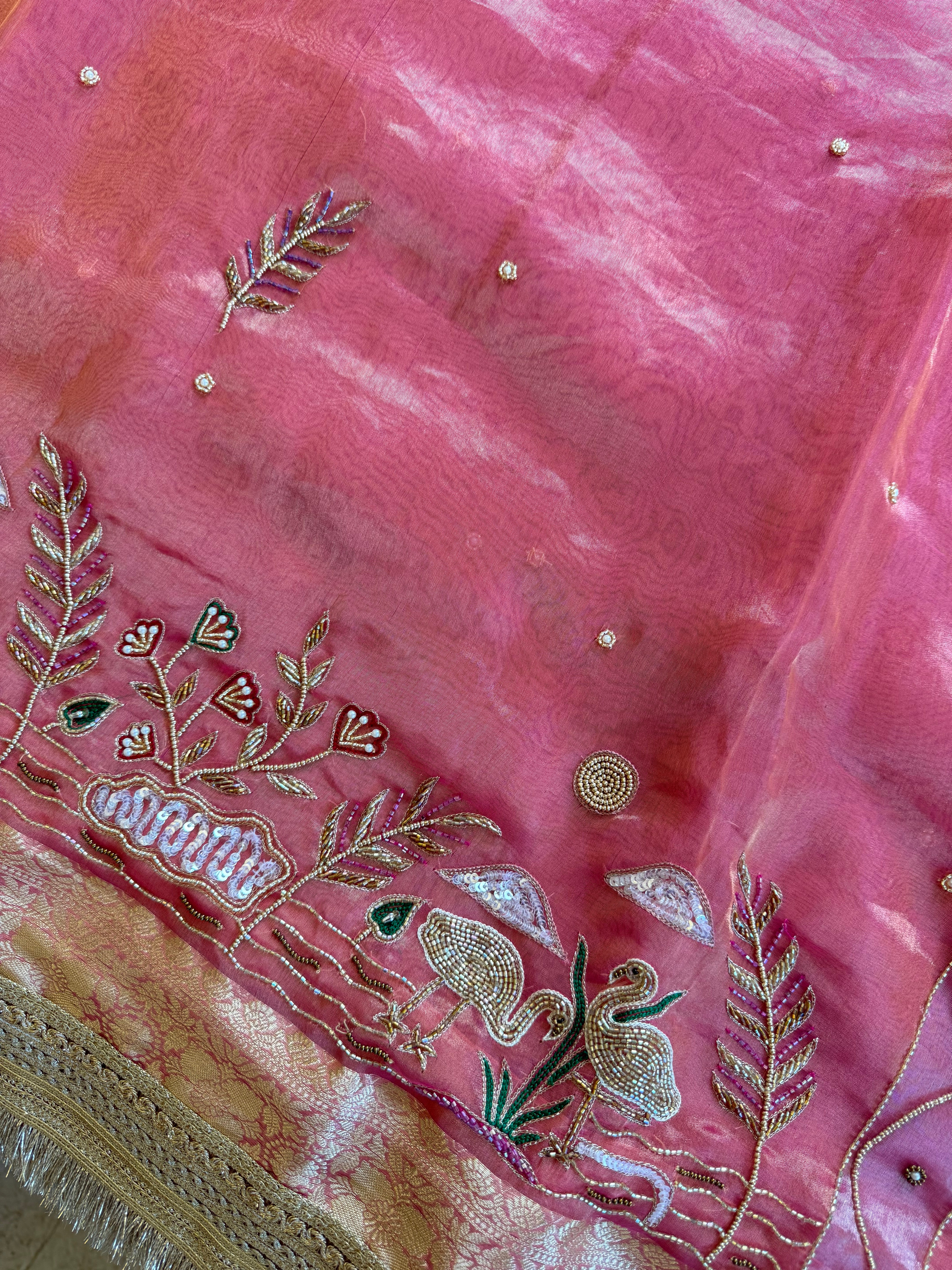 Gulabi Flamingo - Pure Tissue Silk Saree With Hand Embroidery