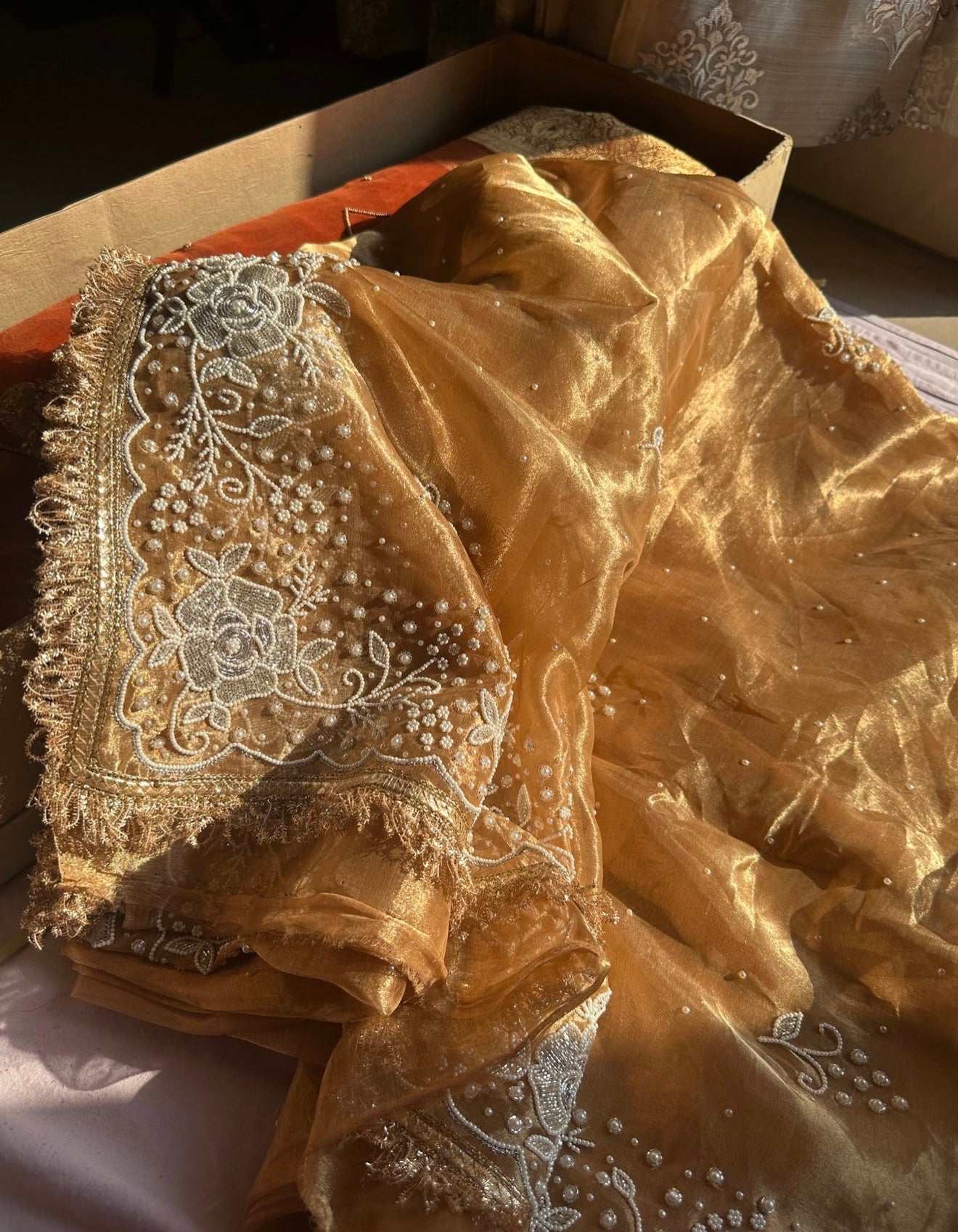 Sunehri Moti - Pure Tissue Silk Saree With Hand Embroidery