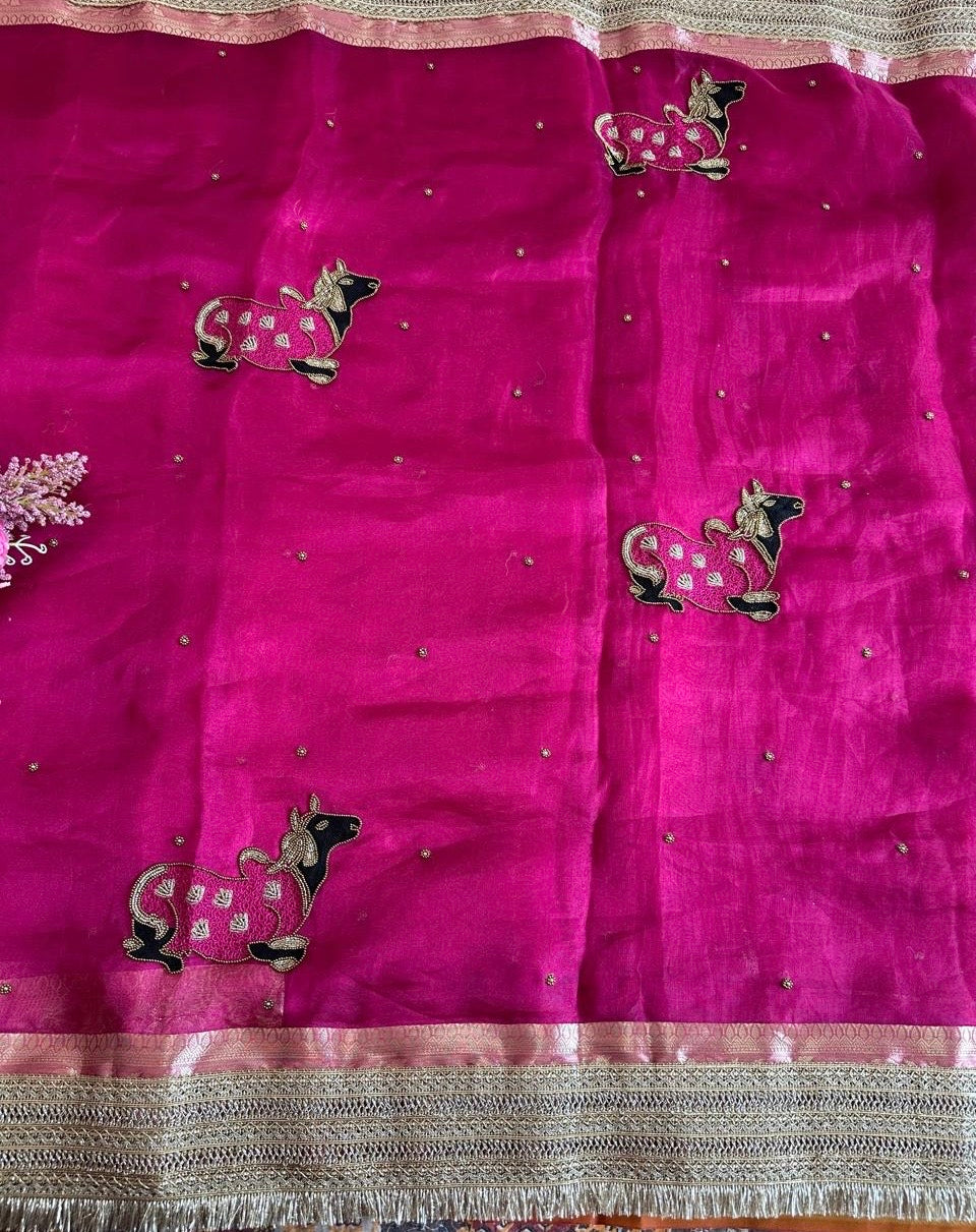 Pink Tissue Silk Saree With Brocade Blouse