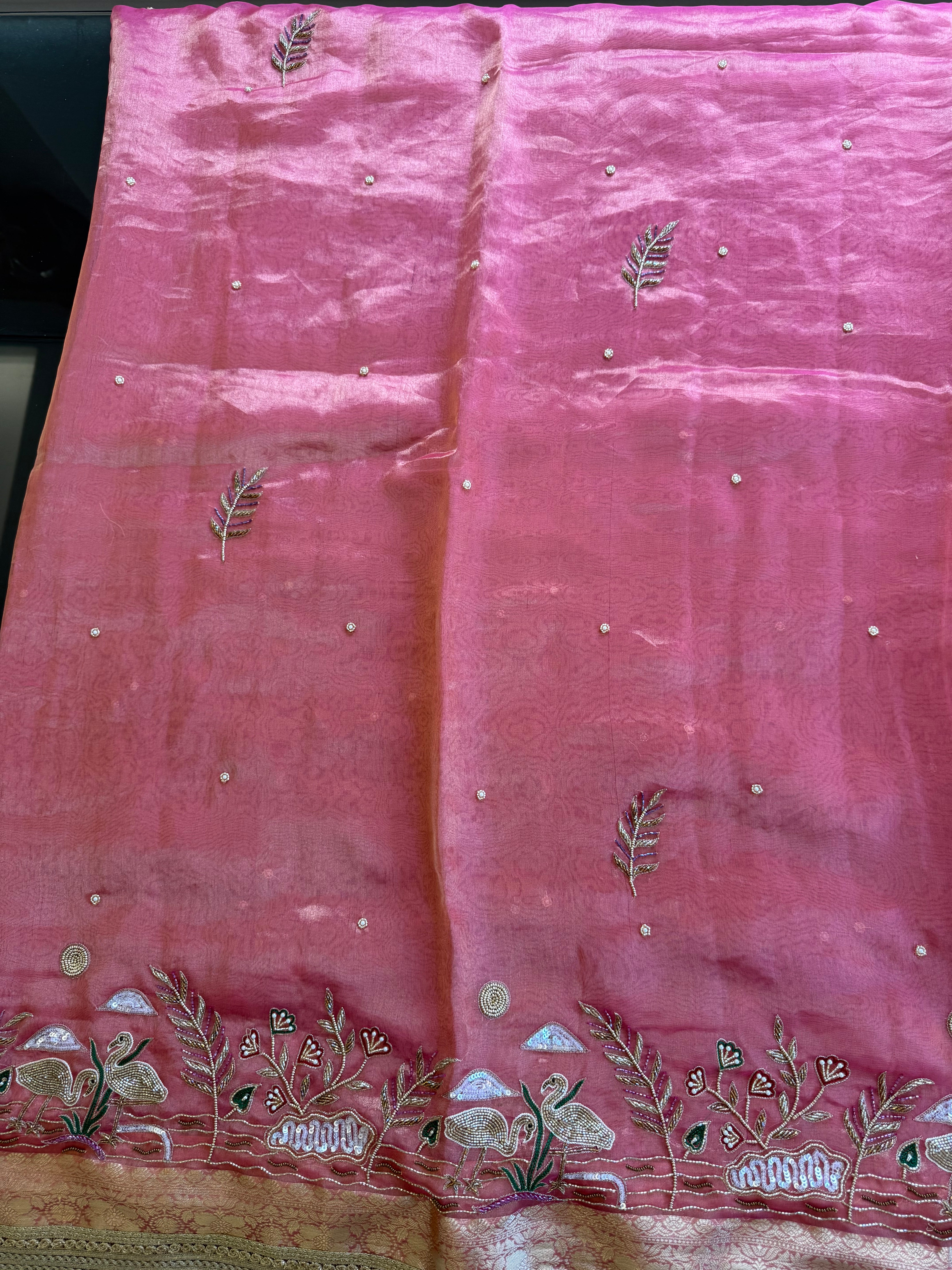 Gulabi Flamingo - Pure Tissue Silk Saree With Hand Embroidery
