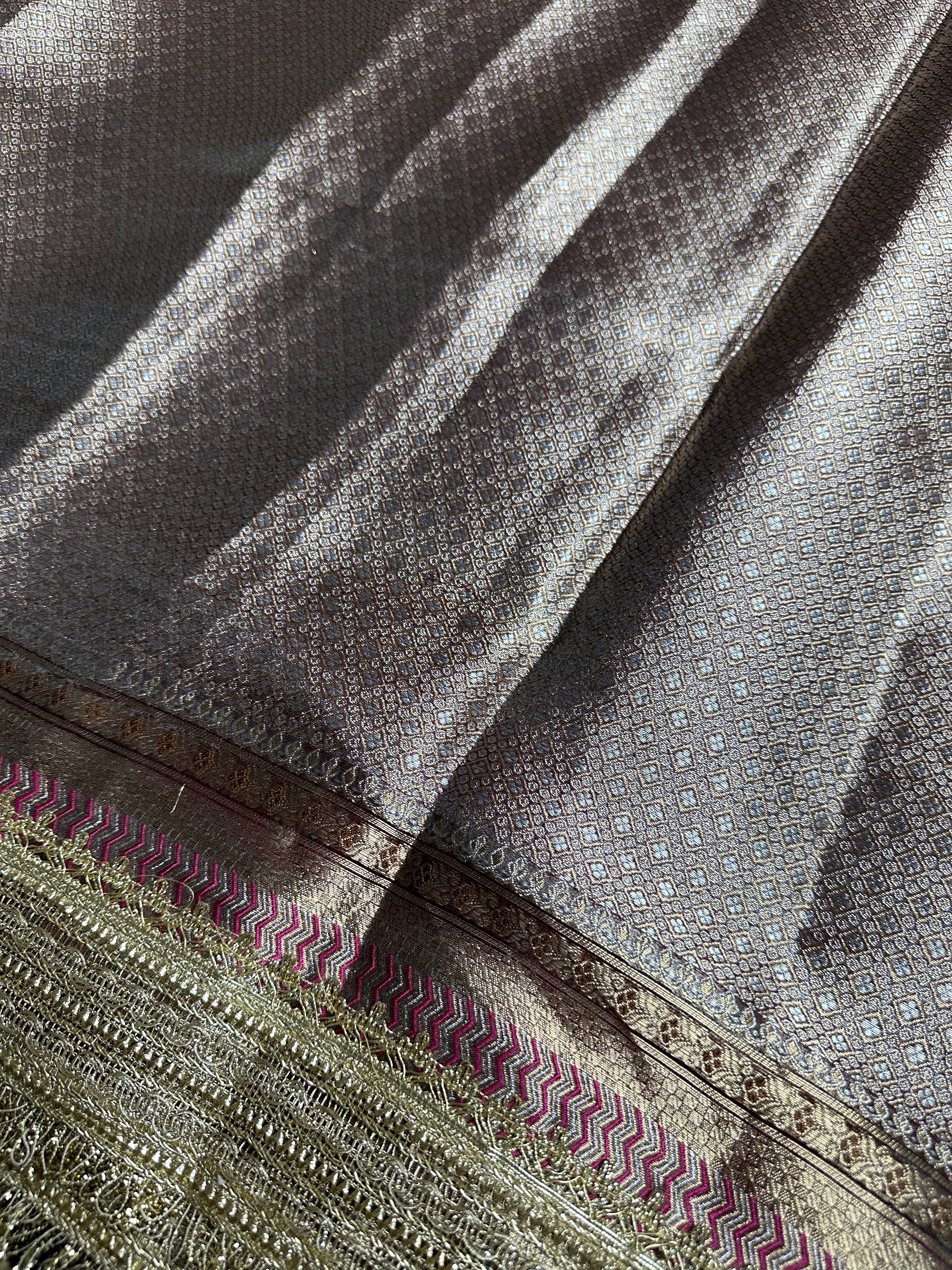 Mocha Maroon Sheen Gulbahaar - Pure Tissue Silk Saree With Hand Embroidery and Meenakari Border