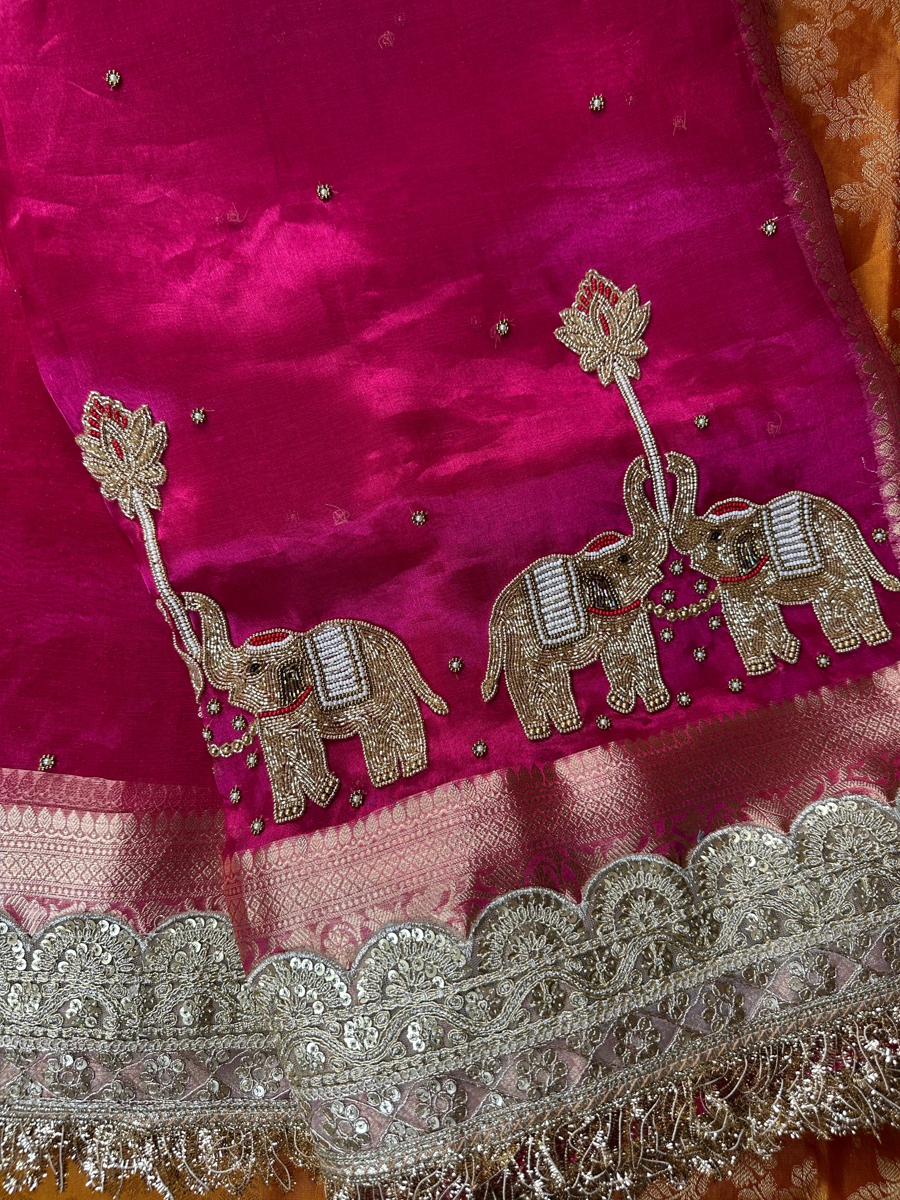 Hathi - Pure Tissue Silk Saree With Hand Embroidery