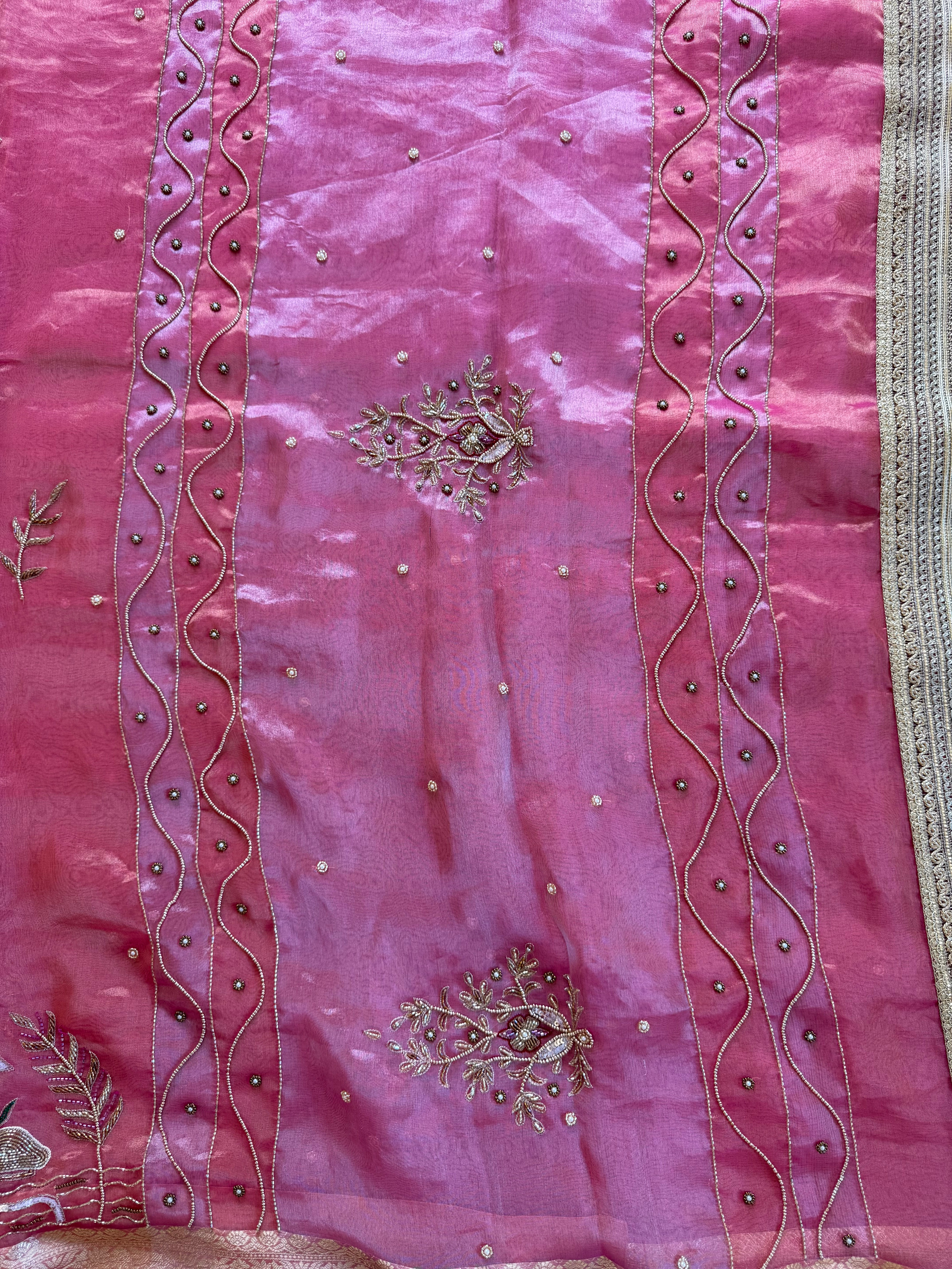 Gulabi Flamingo - Pure Tissue Silk Saree With Hand Embroidery