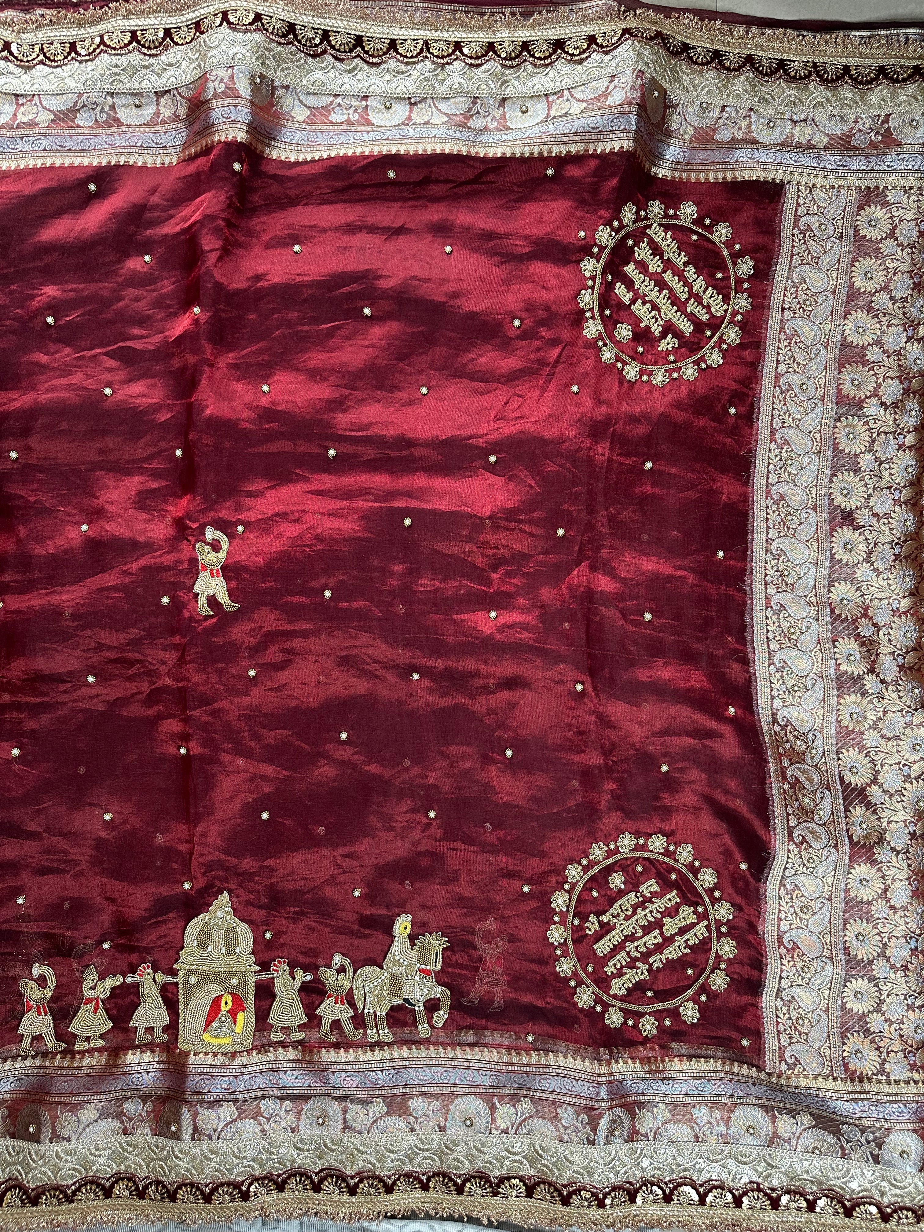 Dulhan Choice - Maroon Pure Tissue Silk Saree With Hand Embroidery