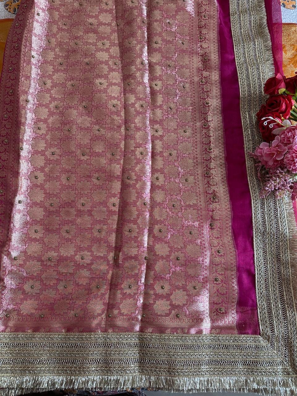 Pink Tissue Silk Saree With Brocade Blouse