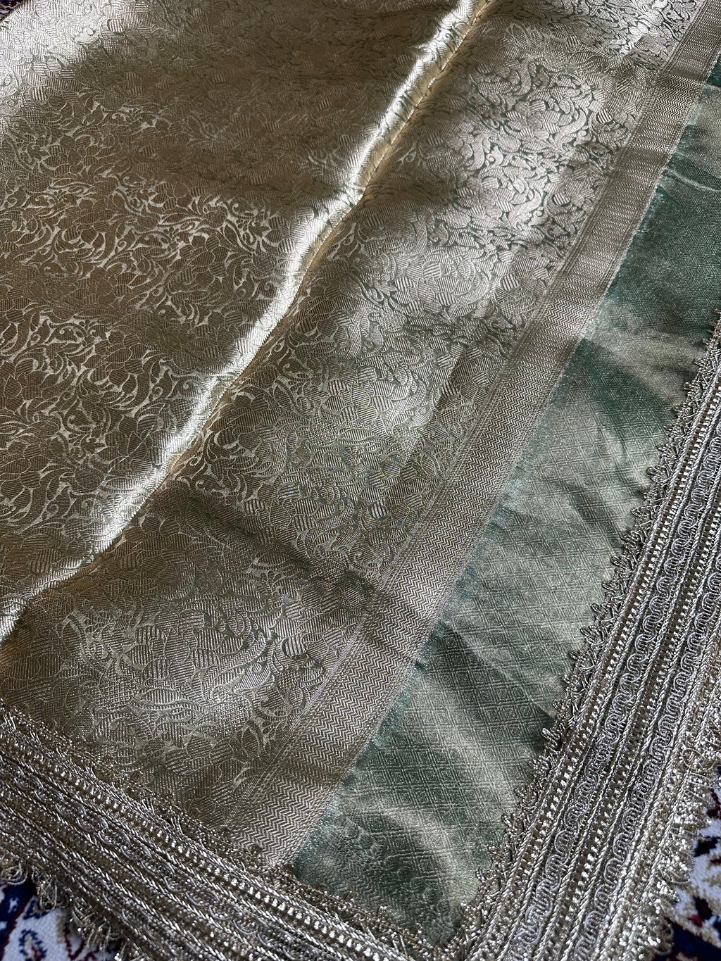 Pista Metallic Sheen Gulbahaar - Pure Tissue Silk Saree With Hand Embroidery