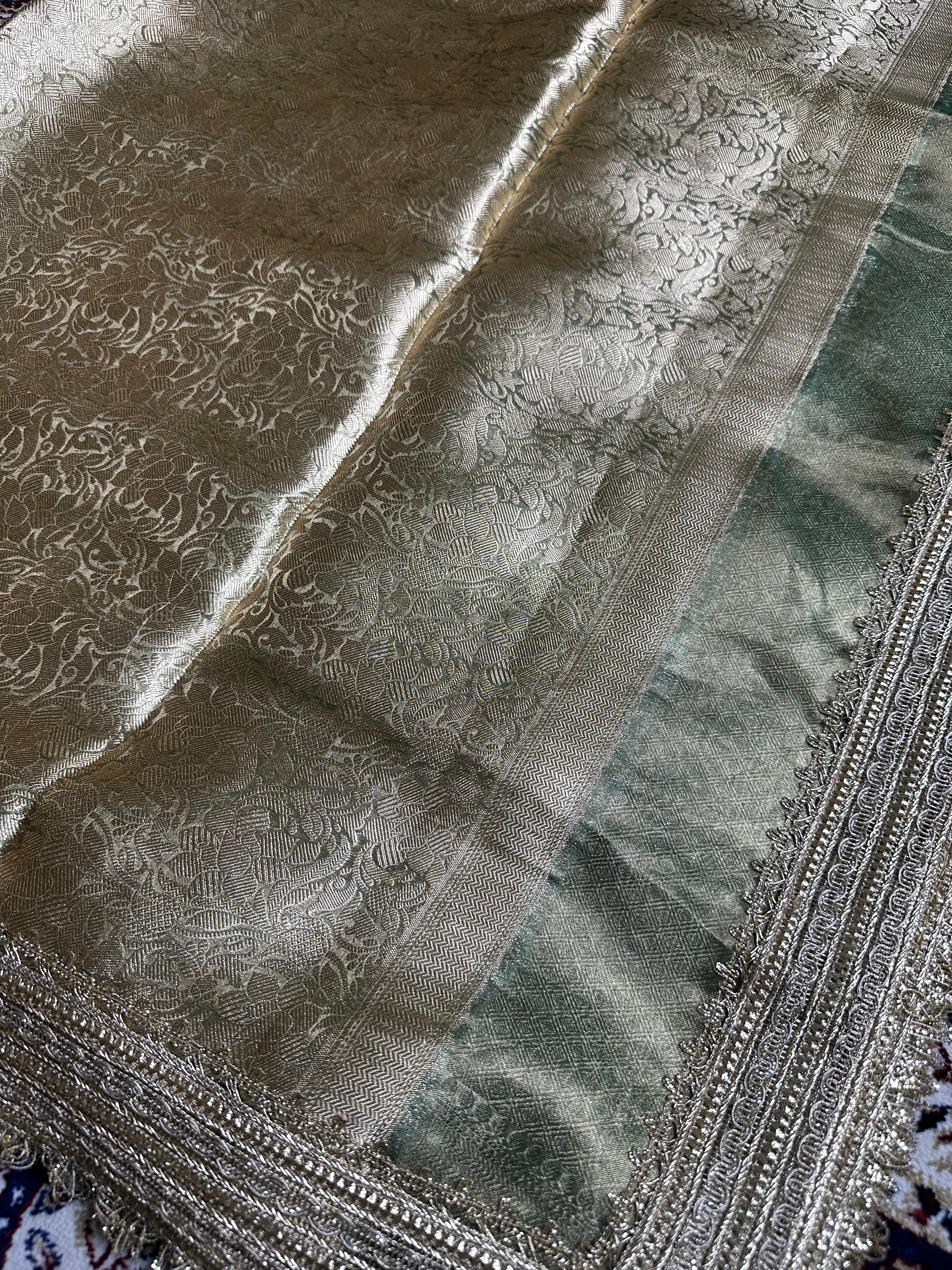 Pista Metallic Sheen Gulbahaar - Pure Tissue Silk Saree With Hand Embroidery