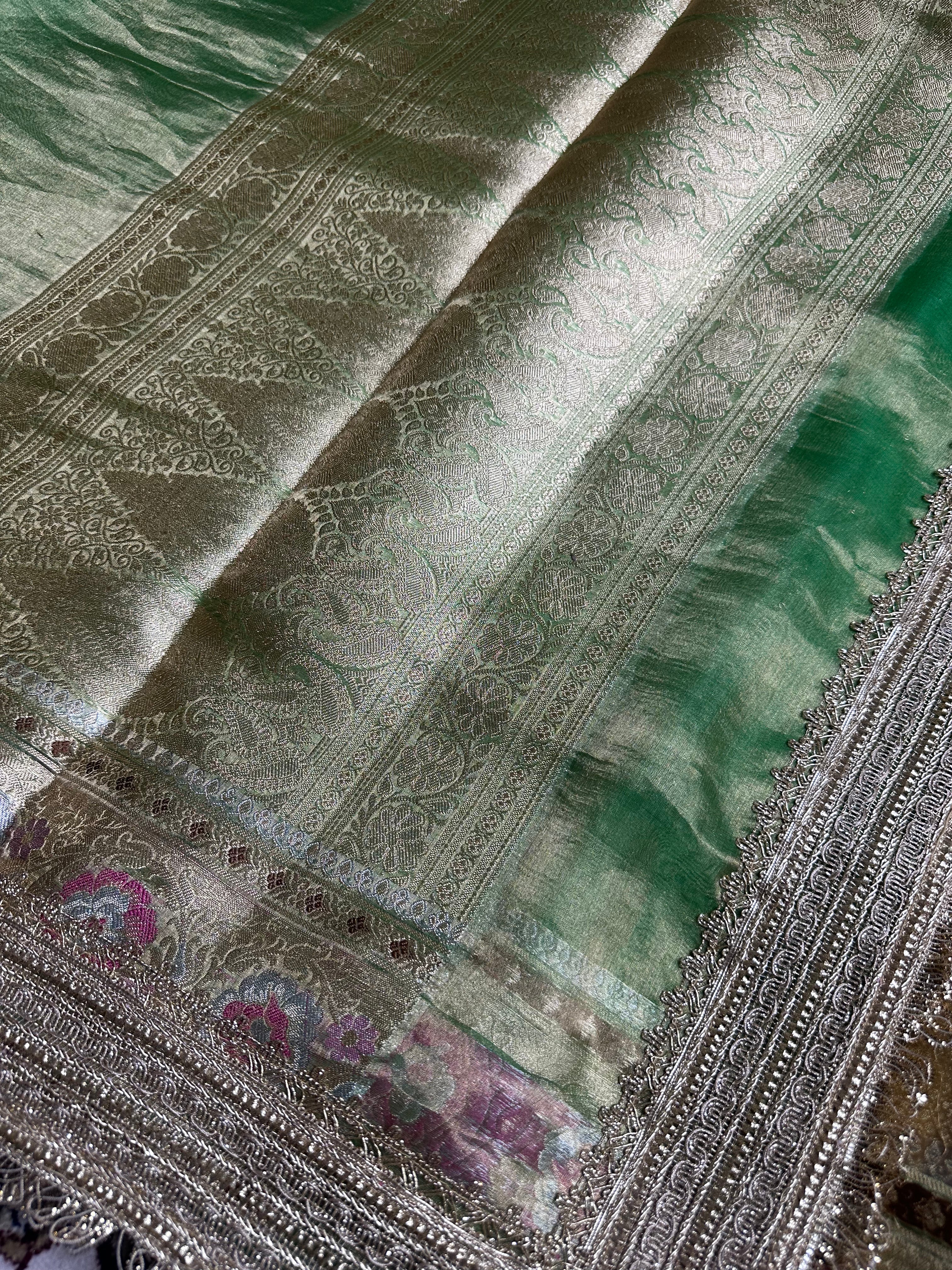 Deep Zaitoon Metallic Gulbahaar - Pure Tissue Silk Saree With Hand Embroidery and Meenakari Border