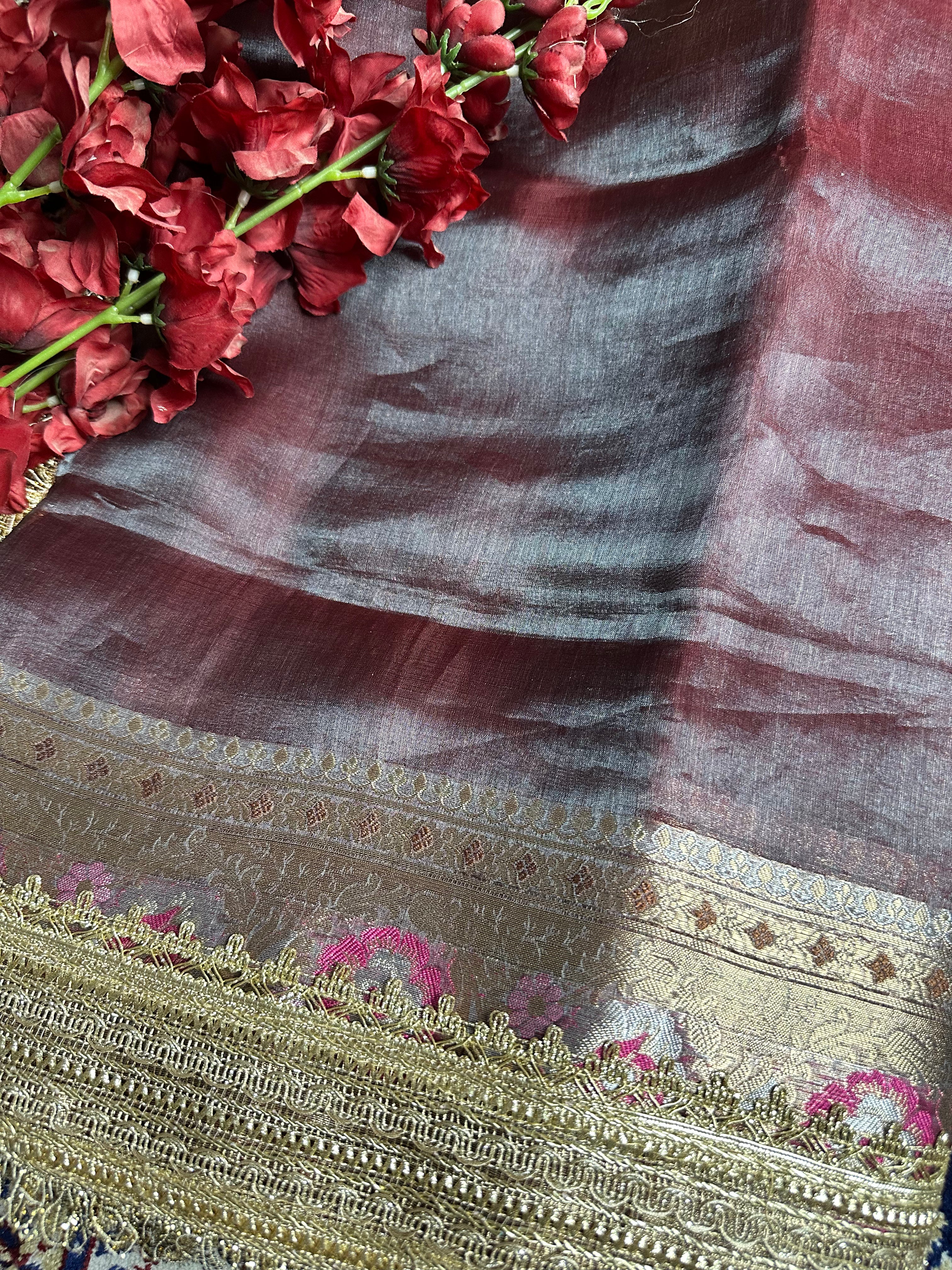 Mocha Maroon Sheen Gulbahaar - Pure Tissue Silk Saree With Hand Embroidery and Meenakari Border