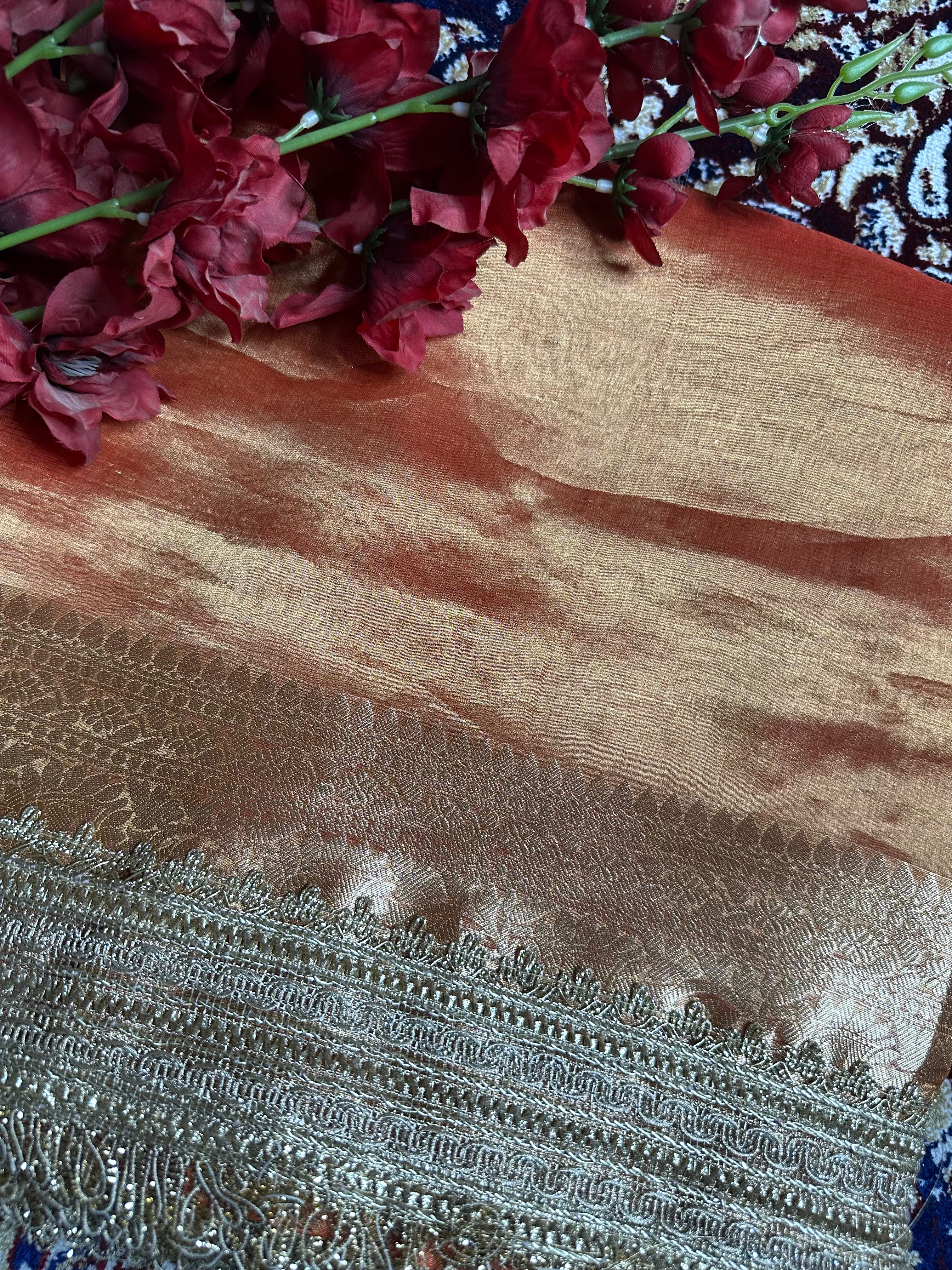 Sunset Orange Sheen Gulbahaar - Pure Tissue Silk Saree With Hand Embroidery