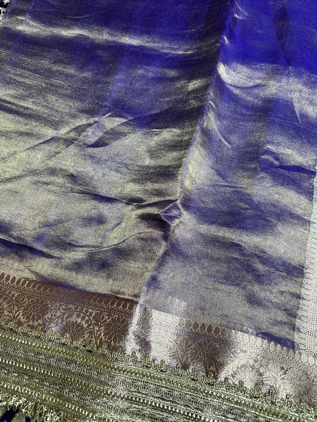 Frost Blue Metallic Sheen Gulbahaar - Pure Tissue Silk Saree With Hand Embroidery