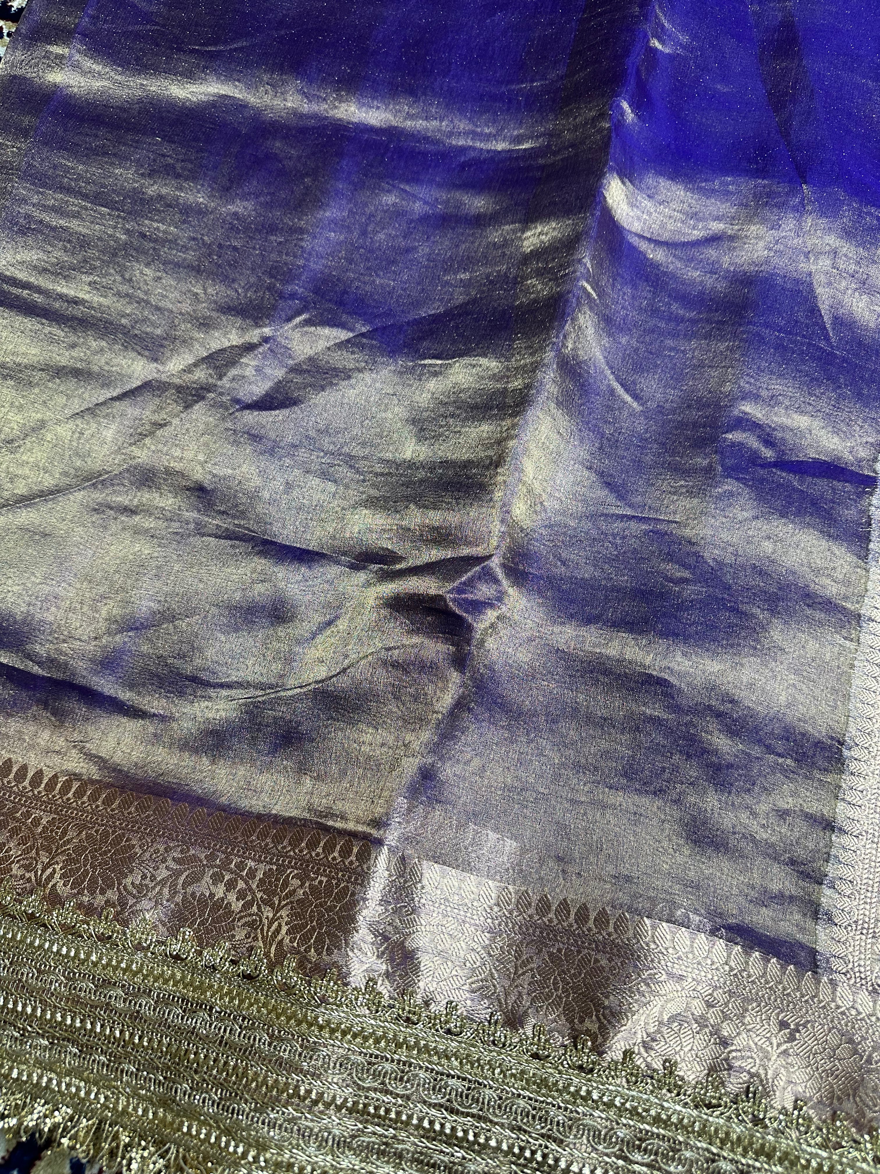 Frost Blue Metallic Sheen Gulbahaar - Pure Tissue Silk Saree With Hand Embroidery