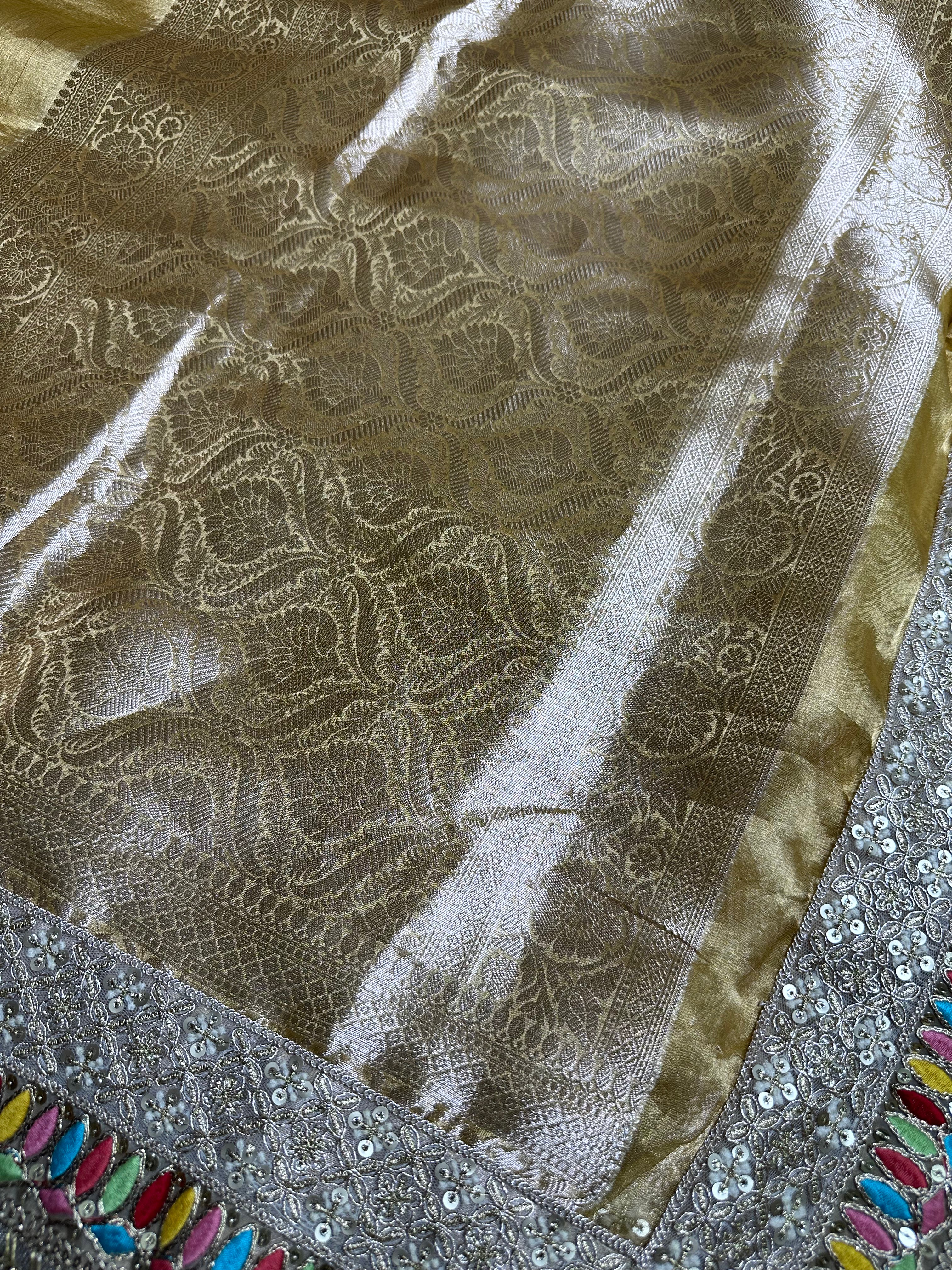 Light Yellow Gulbahaar - Pure Tissue Silk Saree With Hand Embroidery