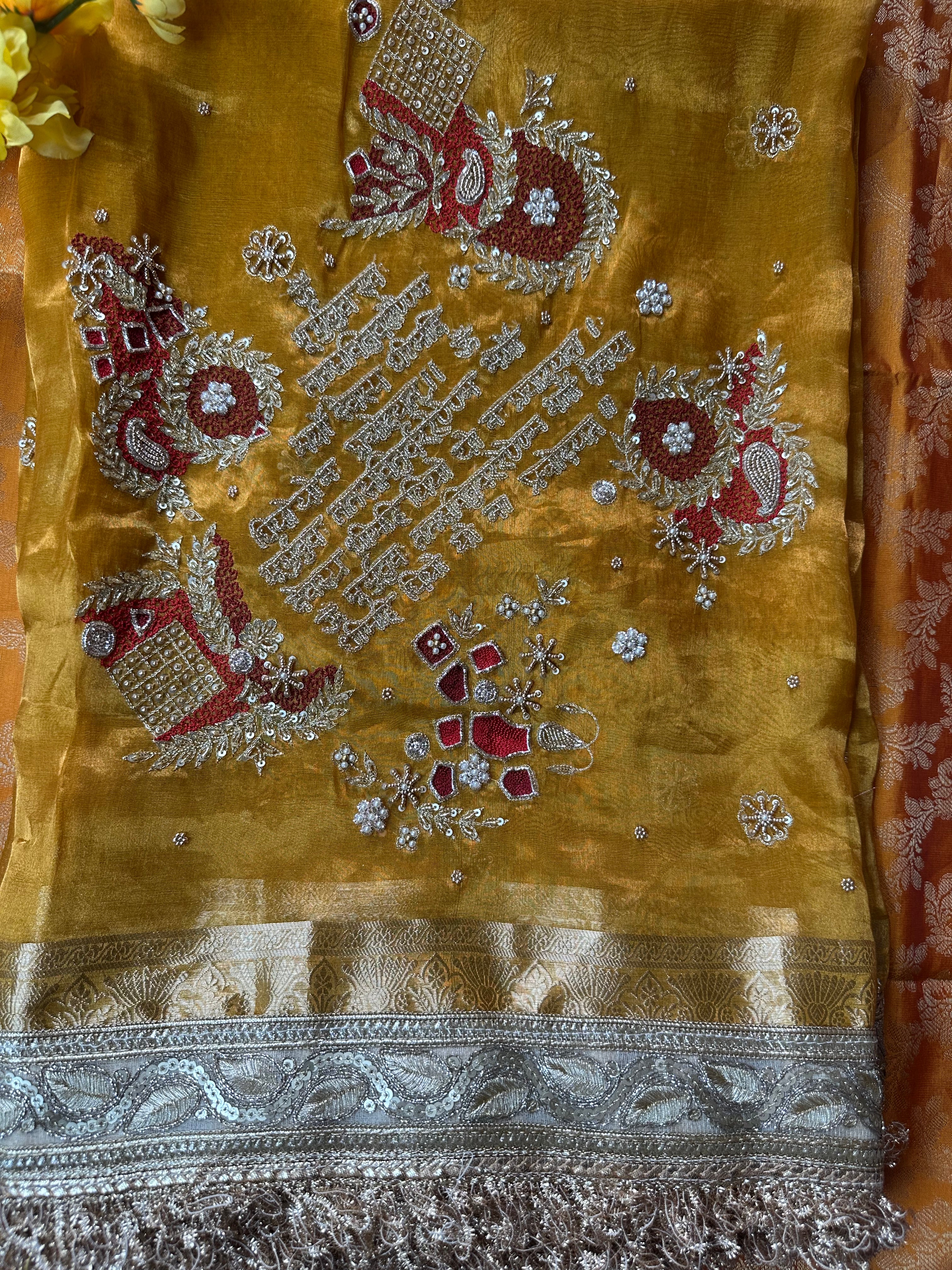 Gayatri Mantra Waali Saree - Pure Tissue Silk Saree With Hand Embroidery