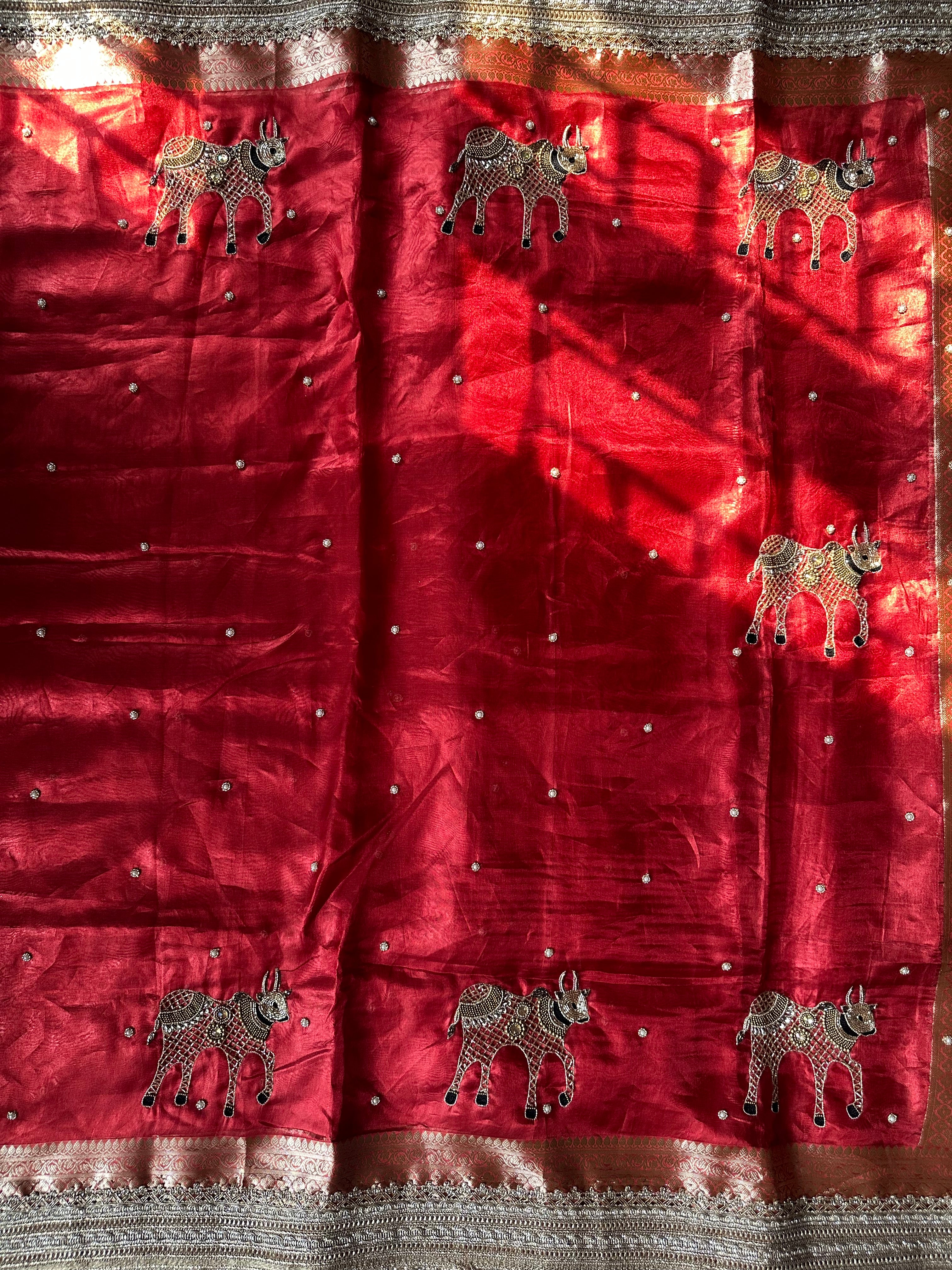 Gokul Ki Mohini - Red Pure Tissue Silk Saree With Hand Embroidery