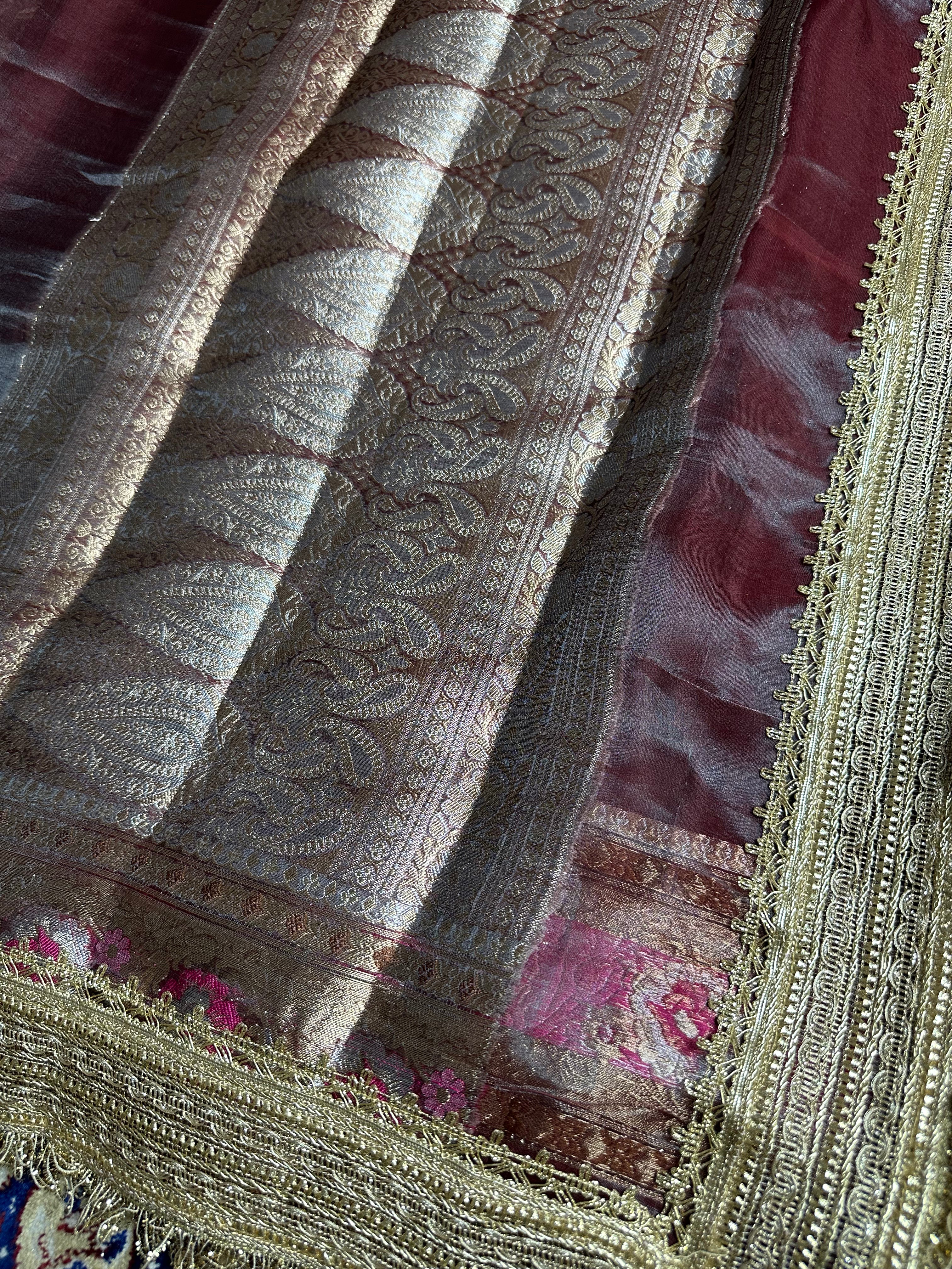 Mocha Maroon Sheen Gulbahaar - Pure Tissue Silk Saree With Hand Embroidery and Meenakari Border