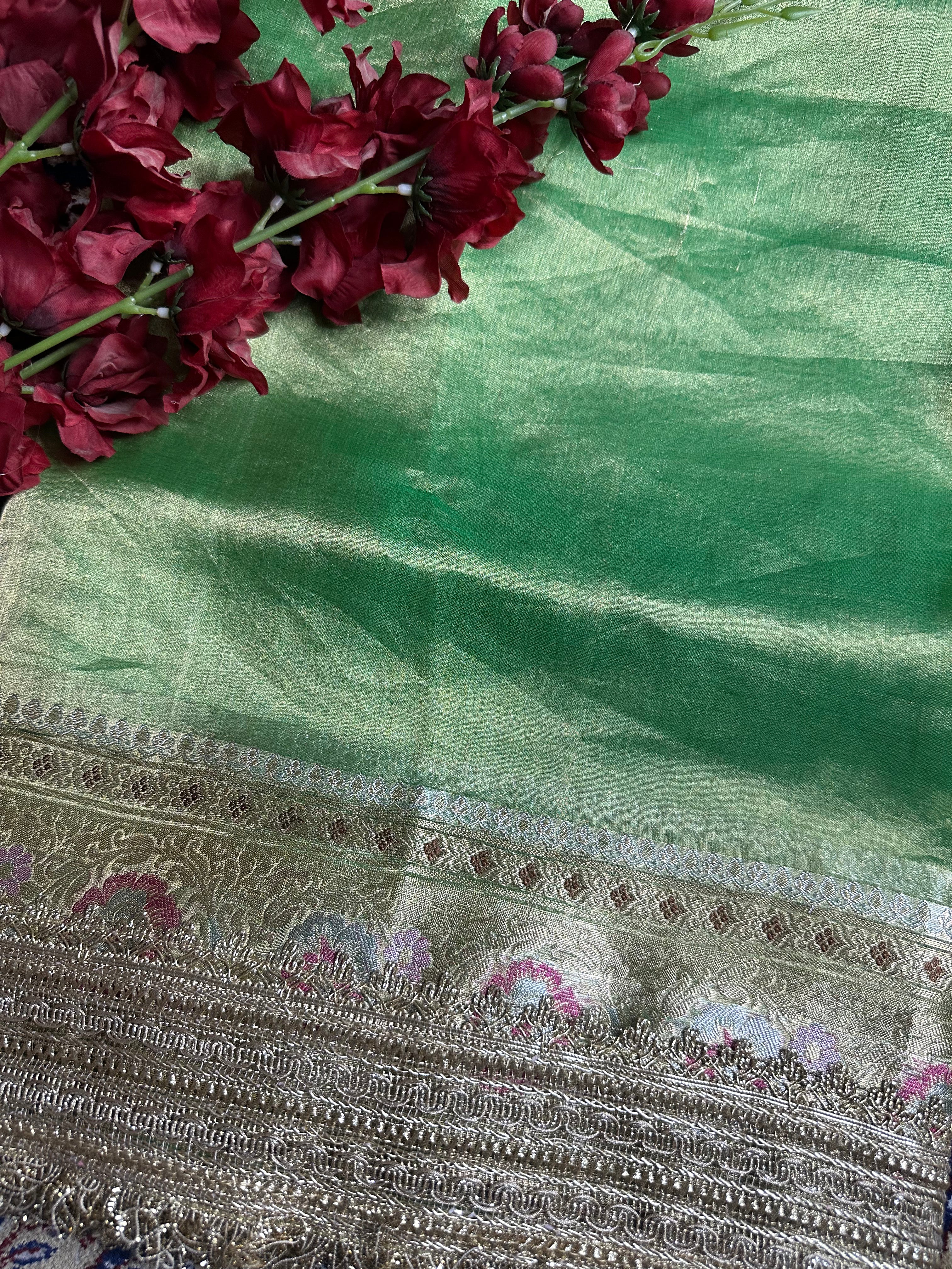 Deep Zaitoon Metallic Gulbahaar - Pure Tissue Silk Saree With Hand Embroidery and Meenakari Border