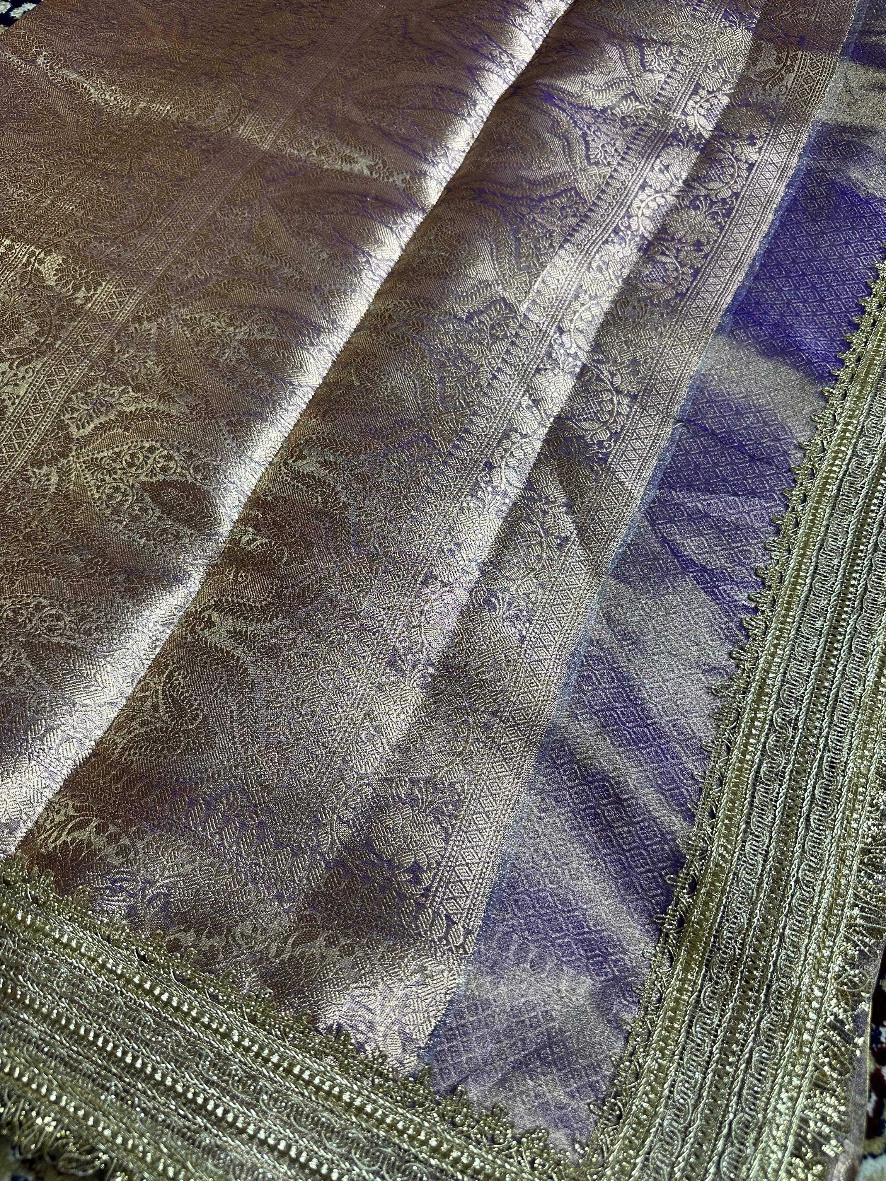 Frost Blue Metallic Sheen Gulbahaar - Pure Tissue Silk Saree With Hand Embroidery