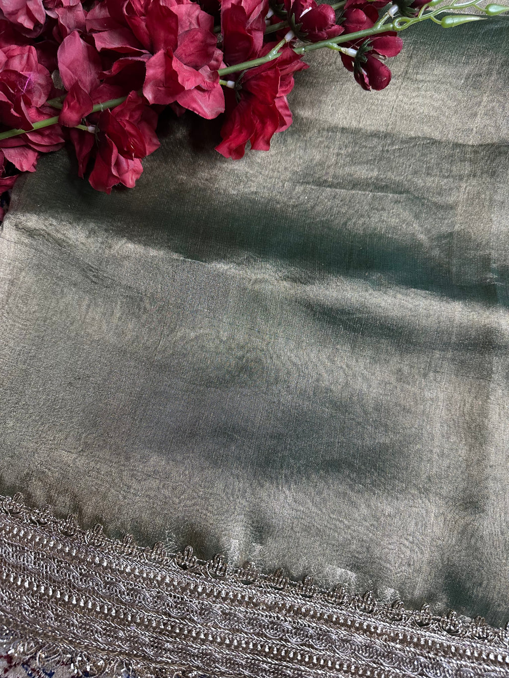 Pista Metallic Sheen Gulbahaar - Pure Tissue Silk Saree With Hand Embroidery