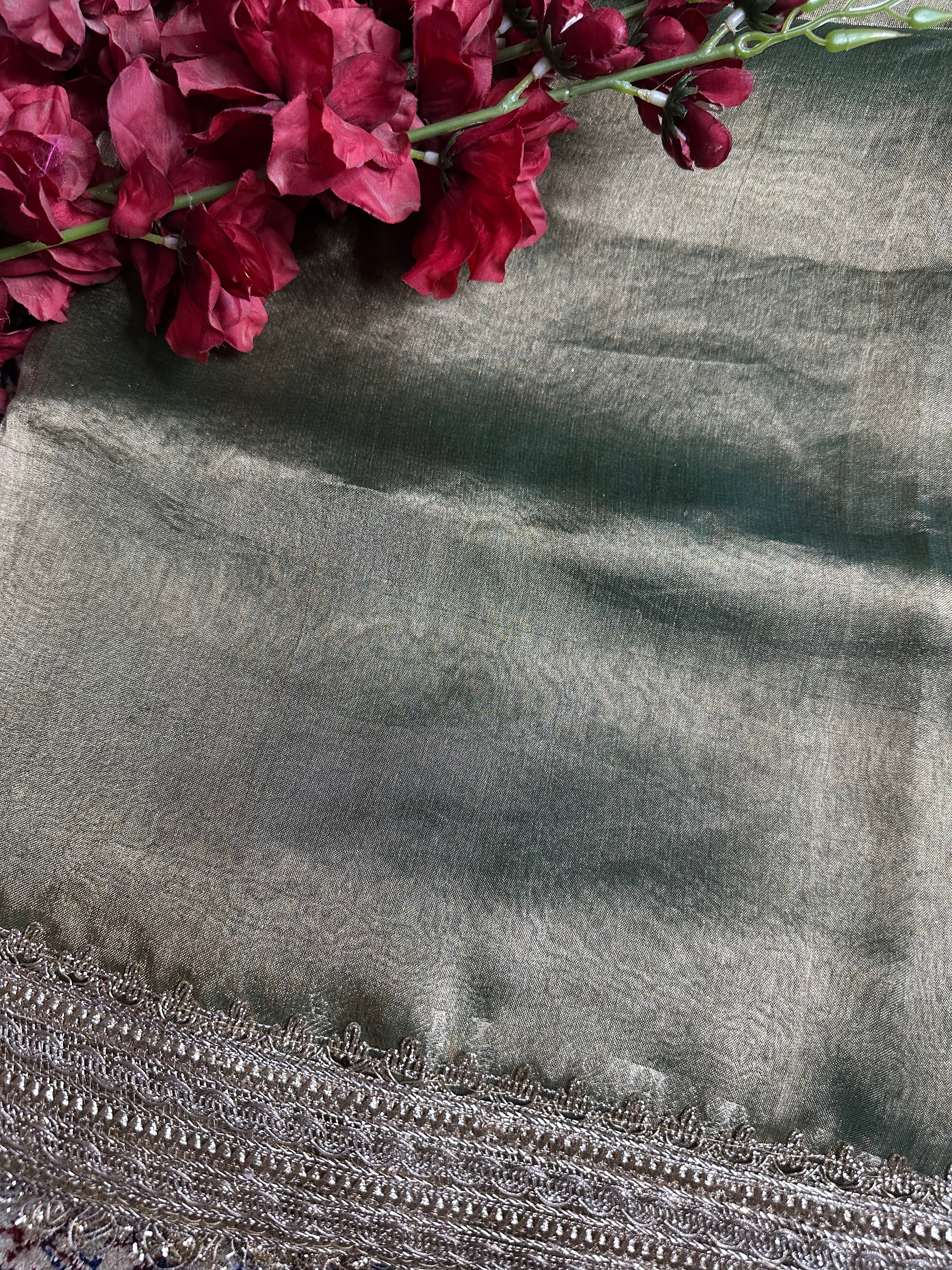 Pista Metallic Sheen Gulbahaar - Pure Tissue Silk Saree With Hand Embroidery