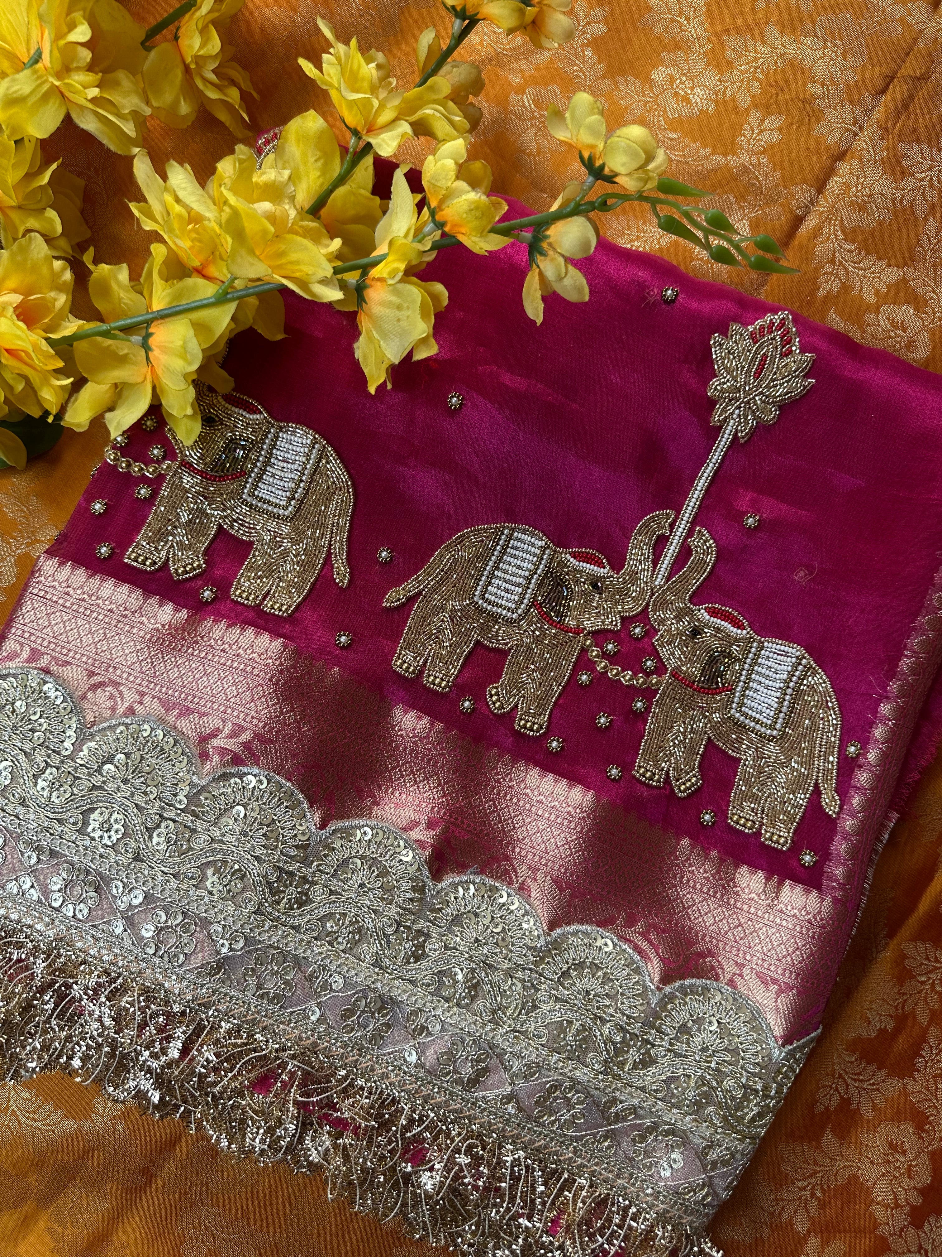 Hathi - Pure Tissue Silk Saree With Hand Embroidery