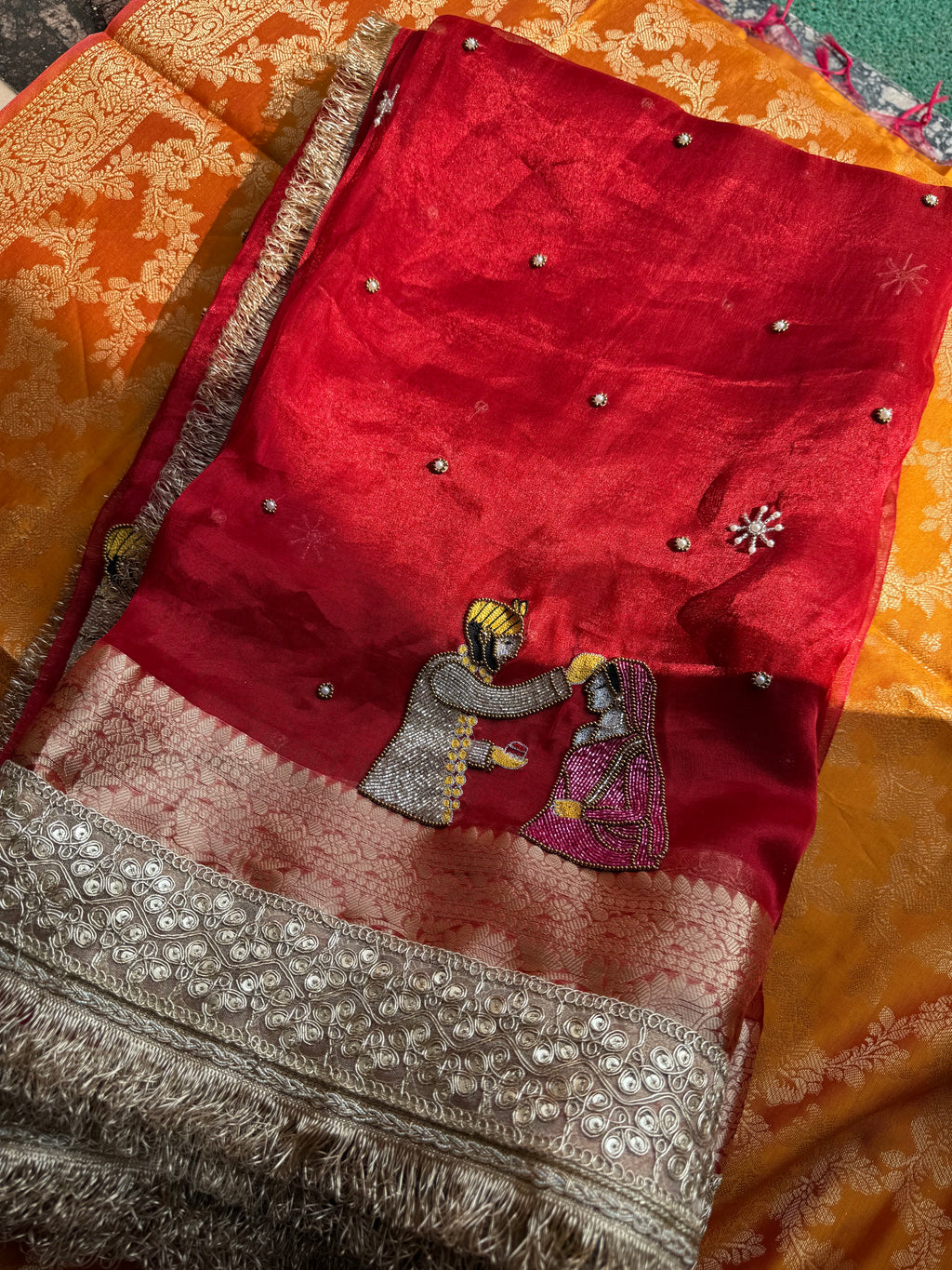 Sindoor - Pure Tissue Silk Saree With Hand Embroidery