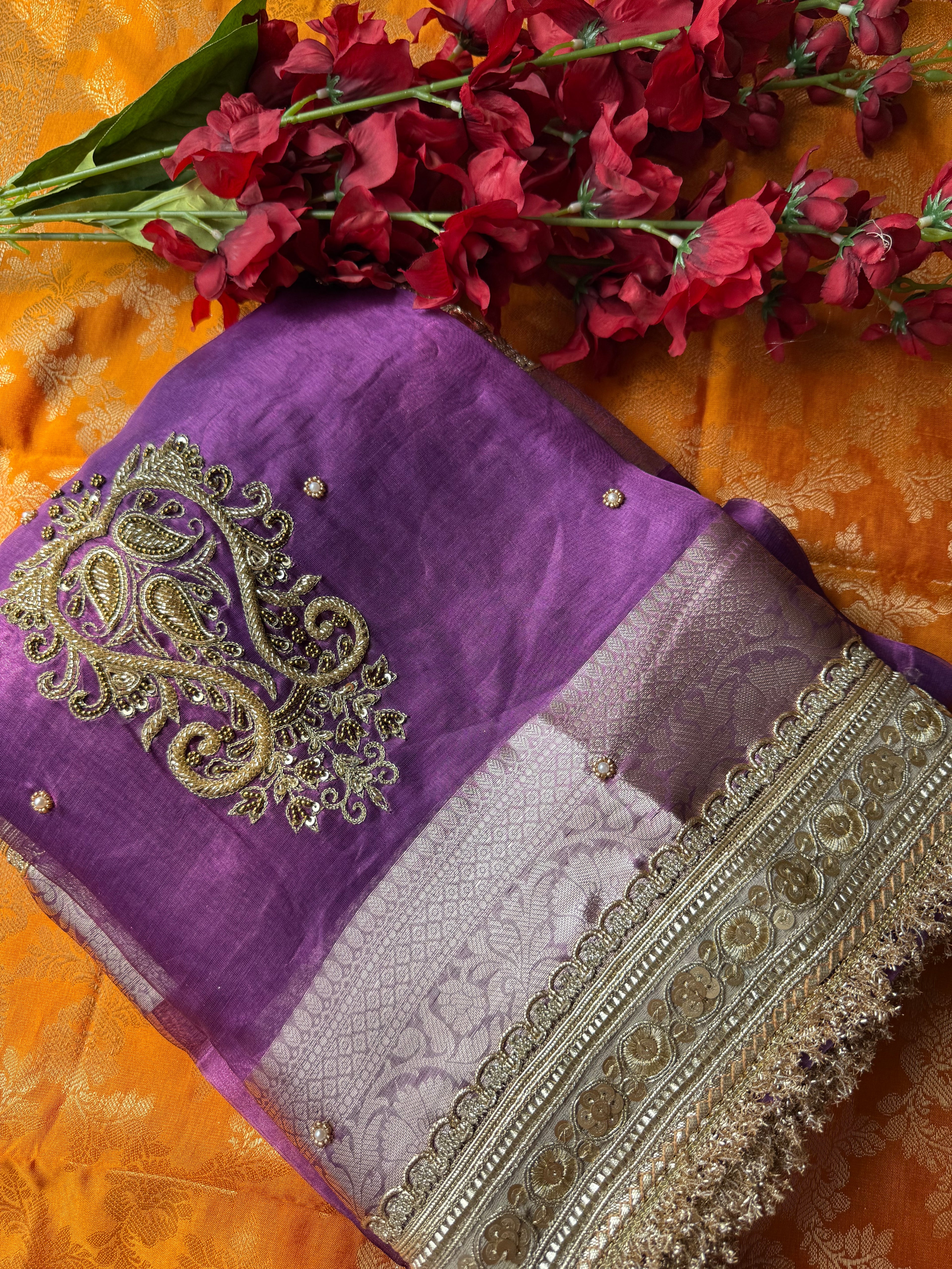 Pure Tissue Silk Saree With Hand Embroidery