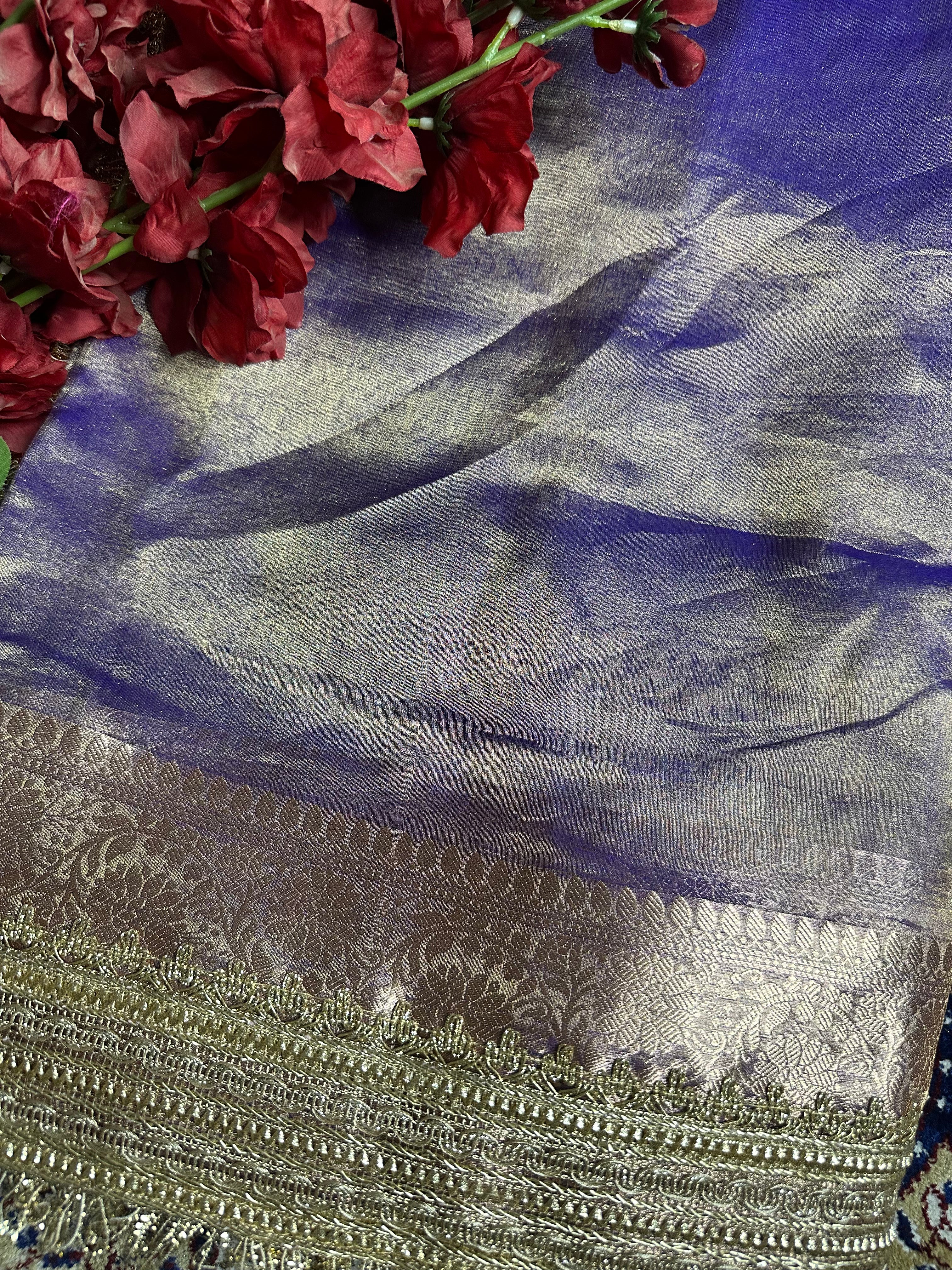 Frost Blue Metallic Sheen Gulbahaar - Pure Tissue Silk Saree With Hand Embroidery