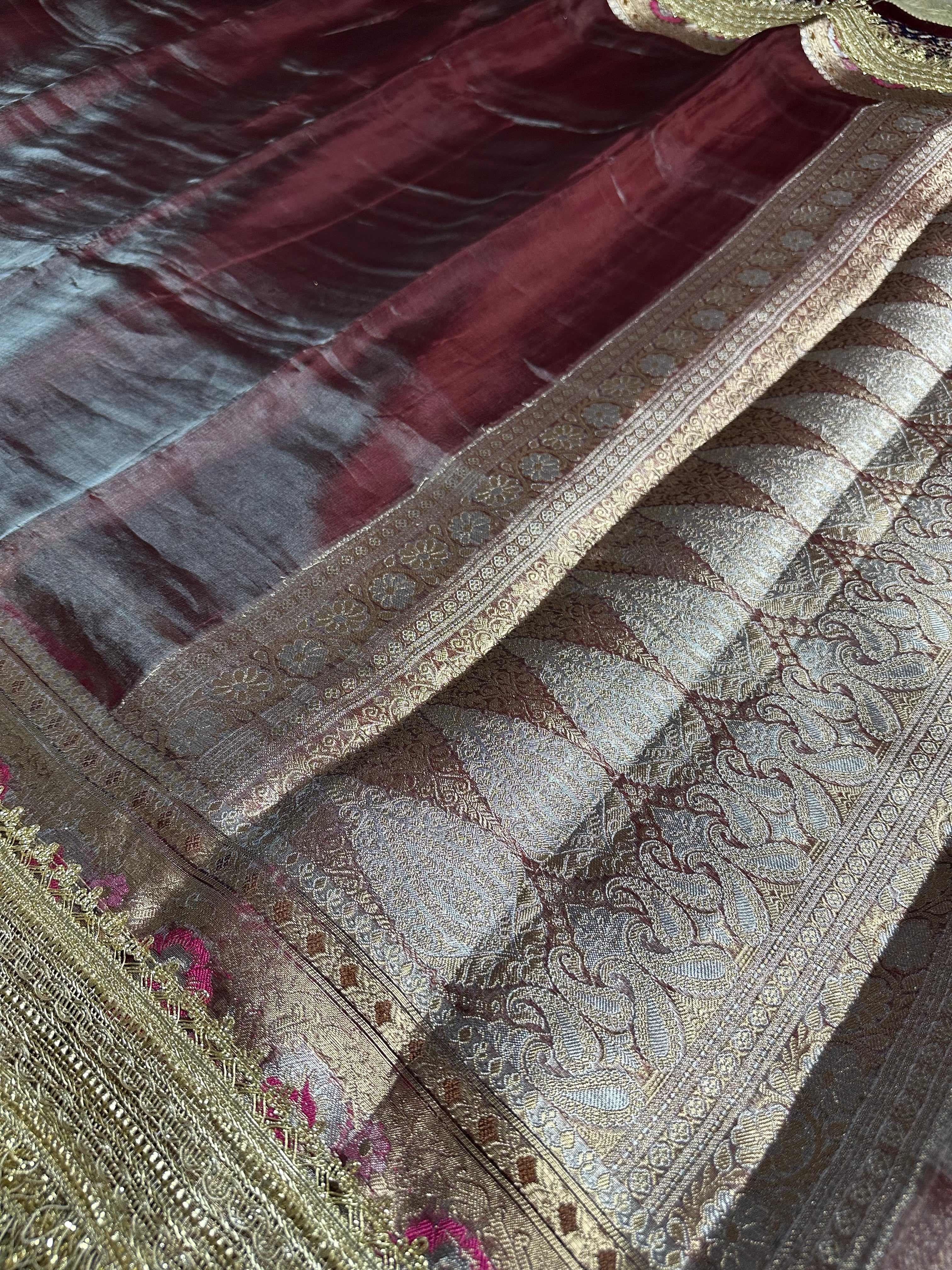 Mocha Maroon Sheen Gulbahaar - Pure Tissue Silk Saree With Hand Embroidery and Meenakari Border