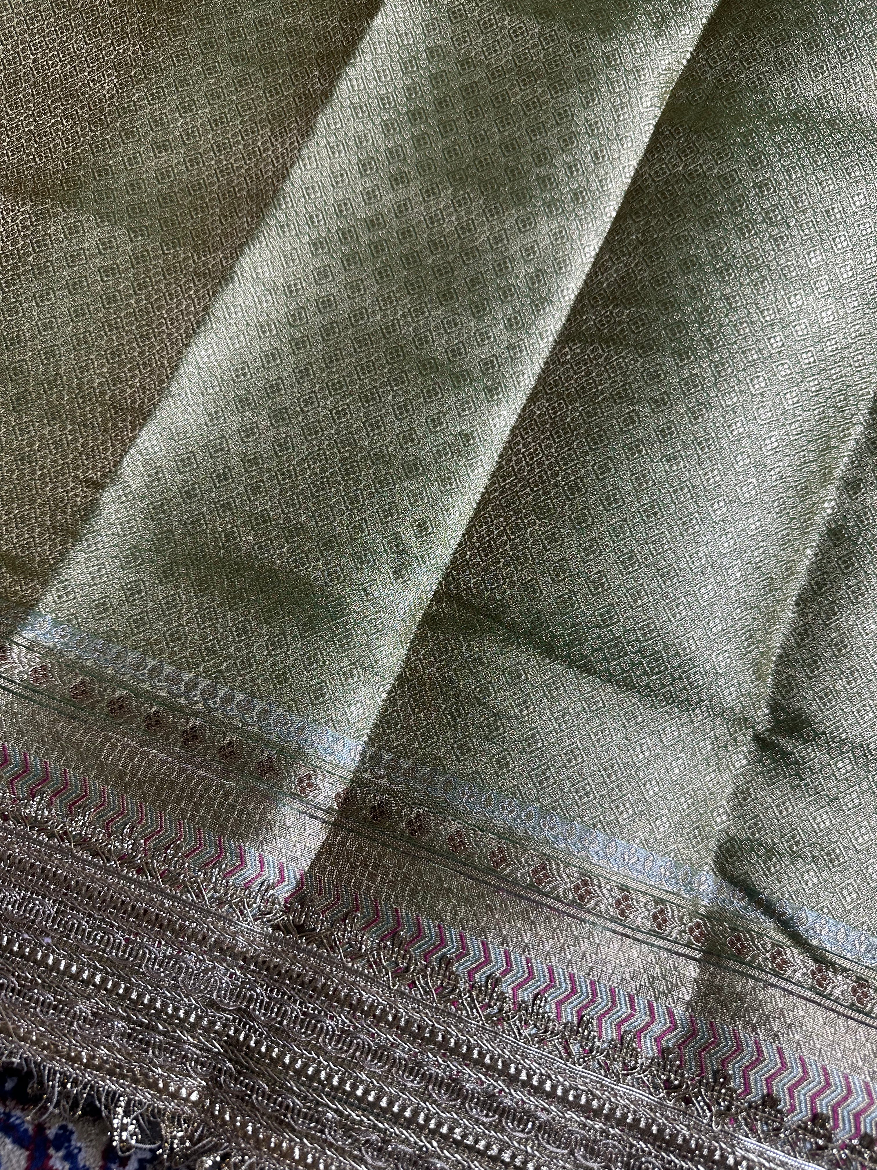 Deep Zaitoon Metallic Gulbahaar - Pure Tissue Silk Saree With Hand Embroidery and Meenakari Border