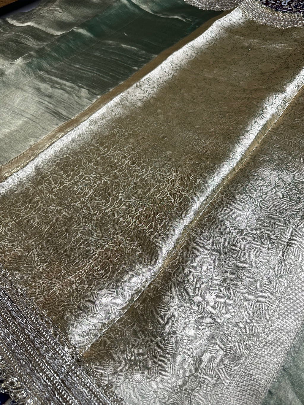 Pista Metallic Sheen Gulbahaar - Pure Tissue Silk Saree With Hand Embroidery