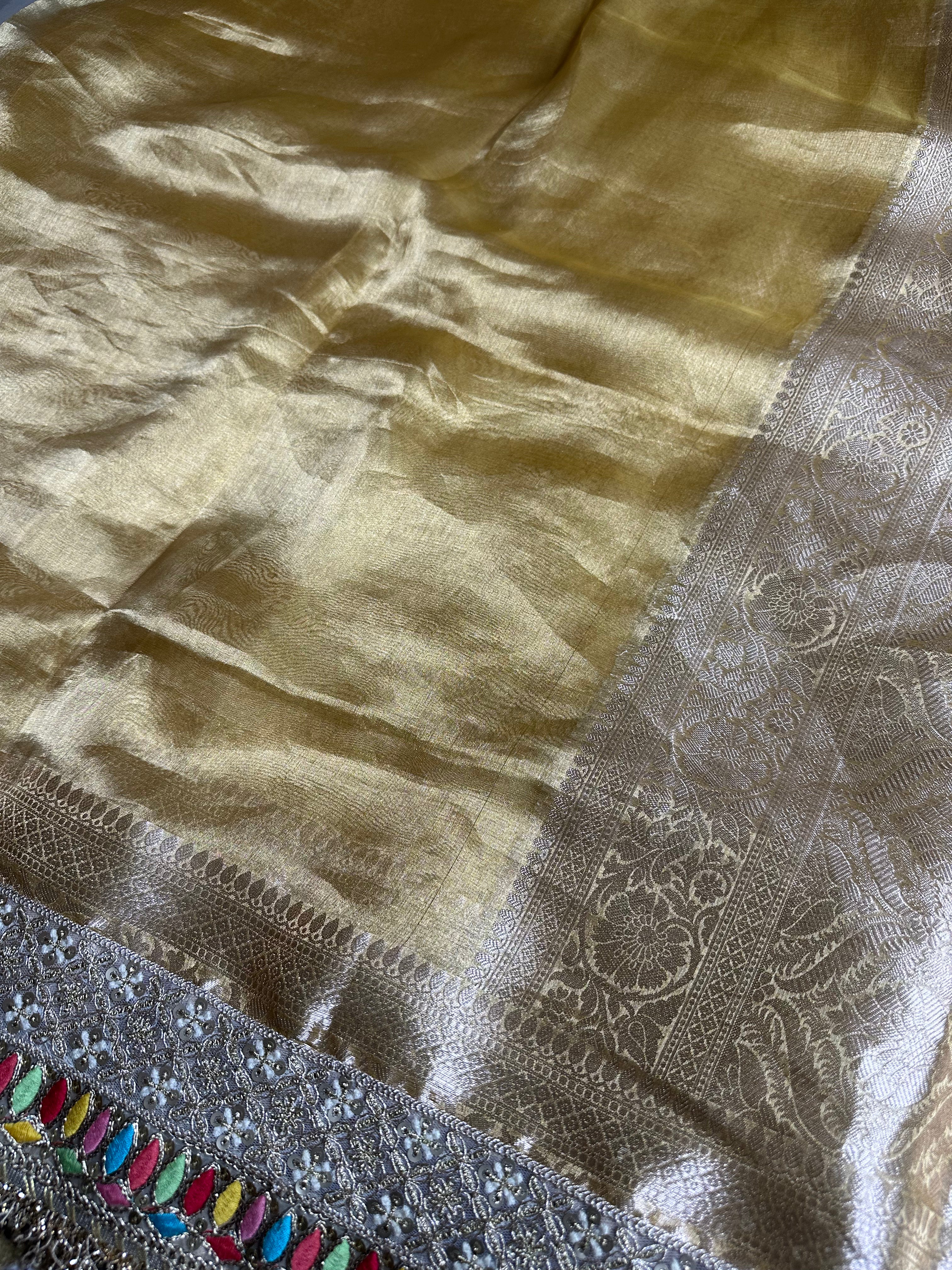 Light Yellow Gulbahaar - Pure Tissue Silk Saree With Hand Embroidery
