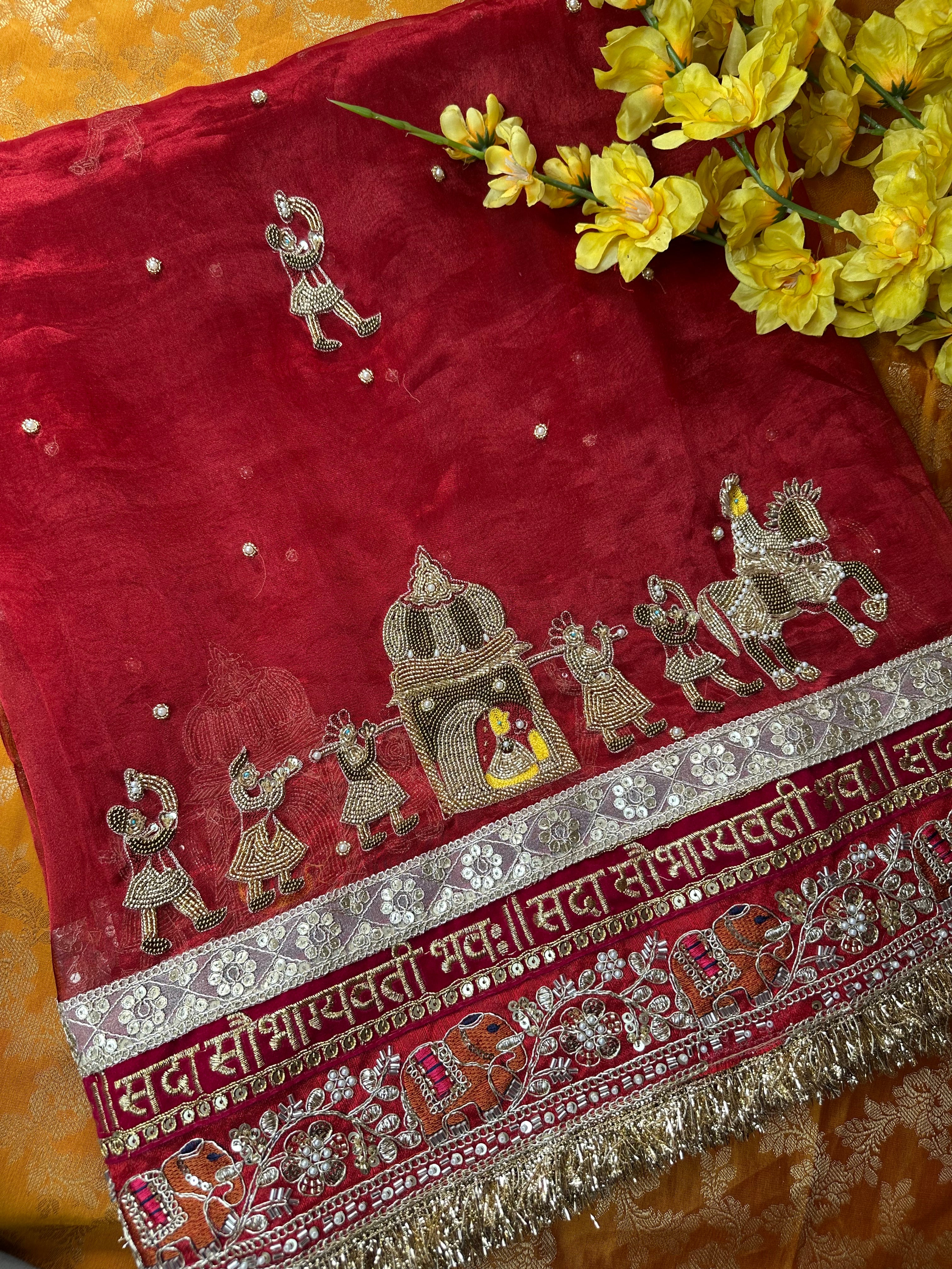 Dulhan Waali Saree - Red Pure Tissue Silk Saree With Hand Embroidery