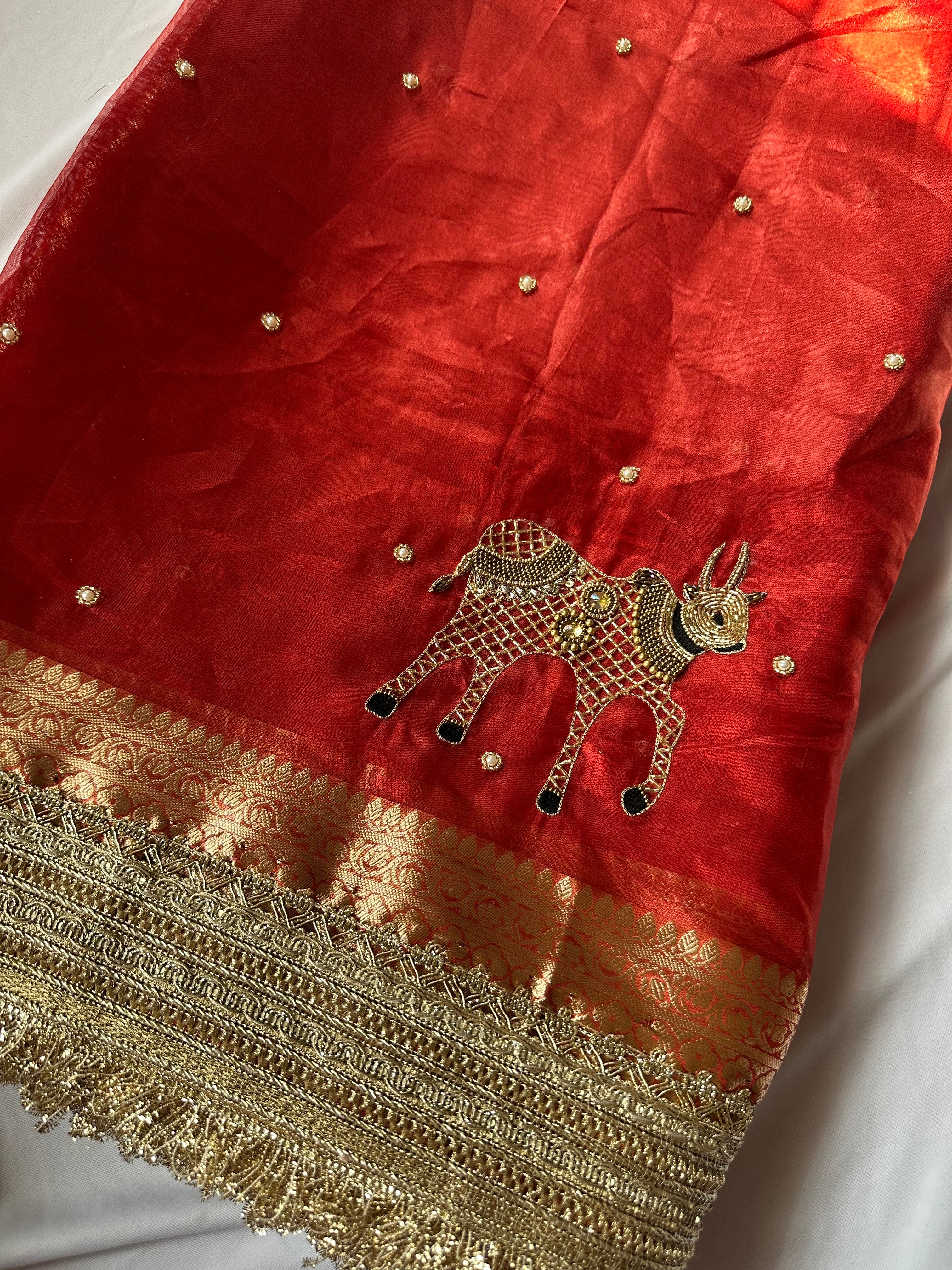 Gokul Ki Mohini - Red Pure Tissue Silk Saree With Hand Embroidery