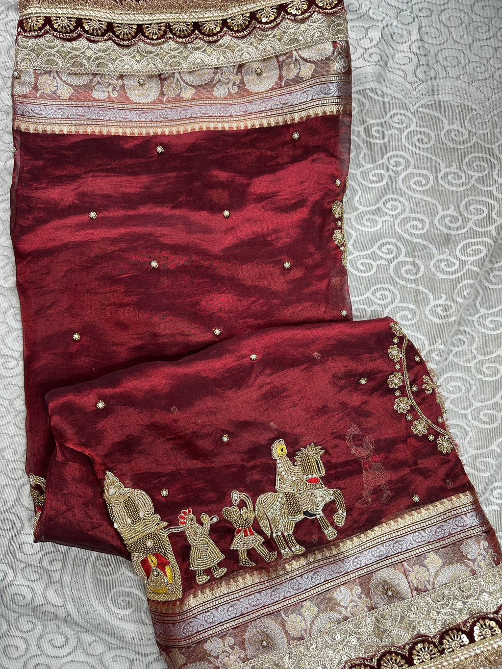 Dulhan Waali Saree - Maroon Pure Tissue Silk Saree With Hand Embroidery