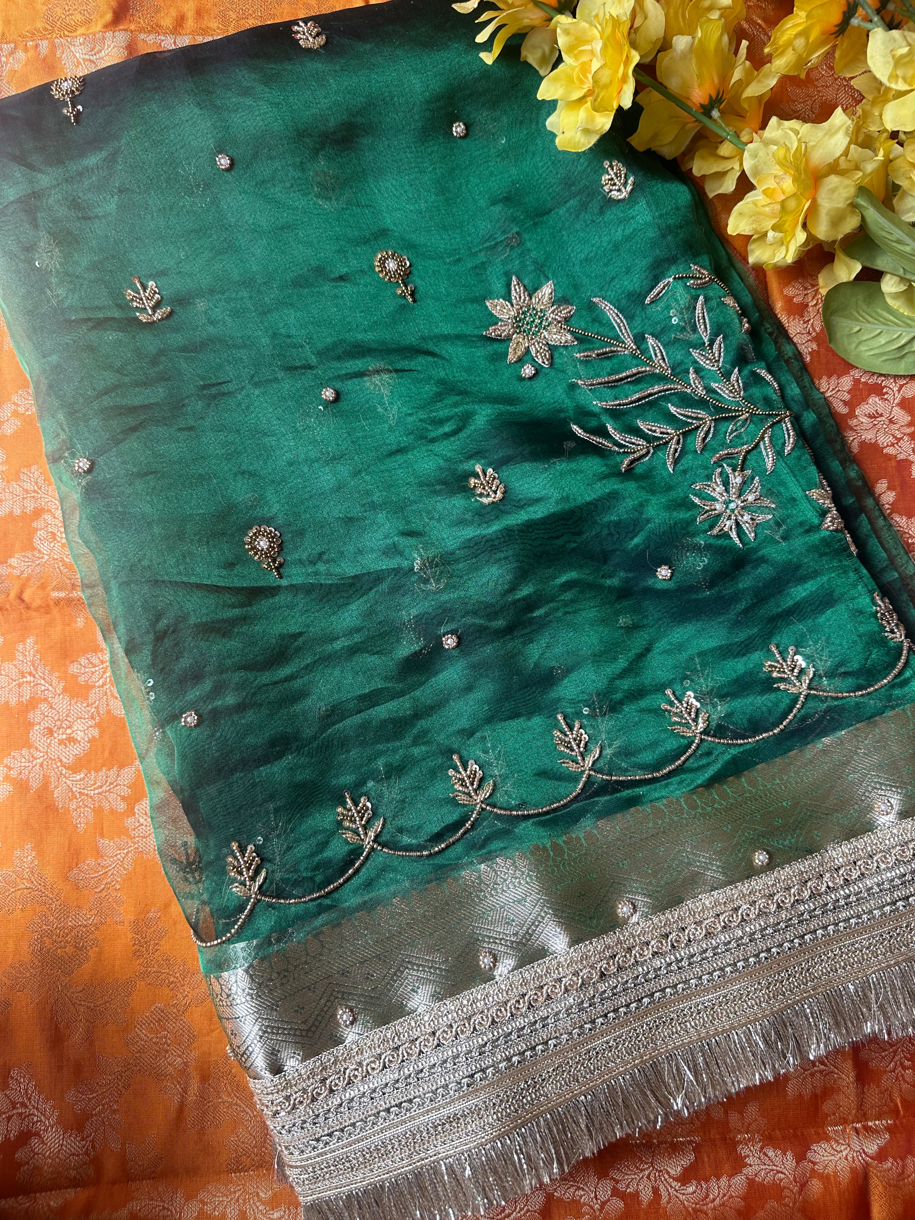 Green Color Waali Saree - Maroon Pure Tissue Silk Saree With Hand Embroidery