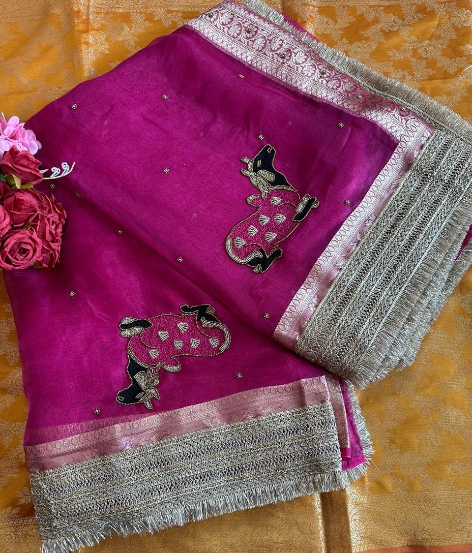 Pink Tissue Silk Saree With Brocade Blouse