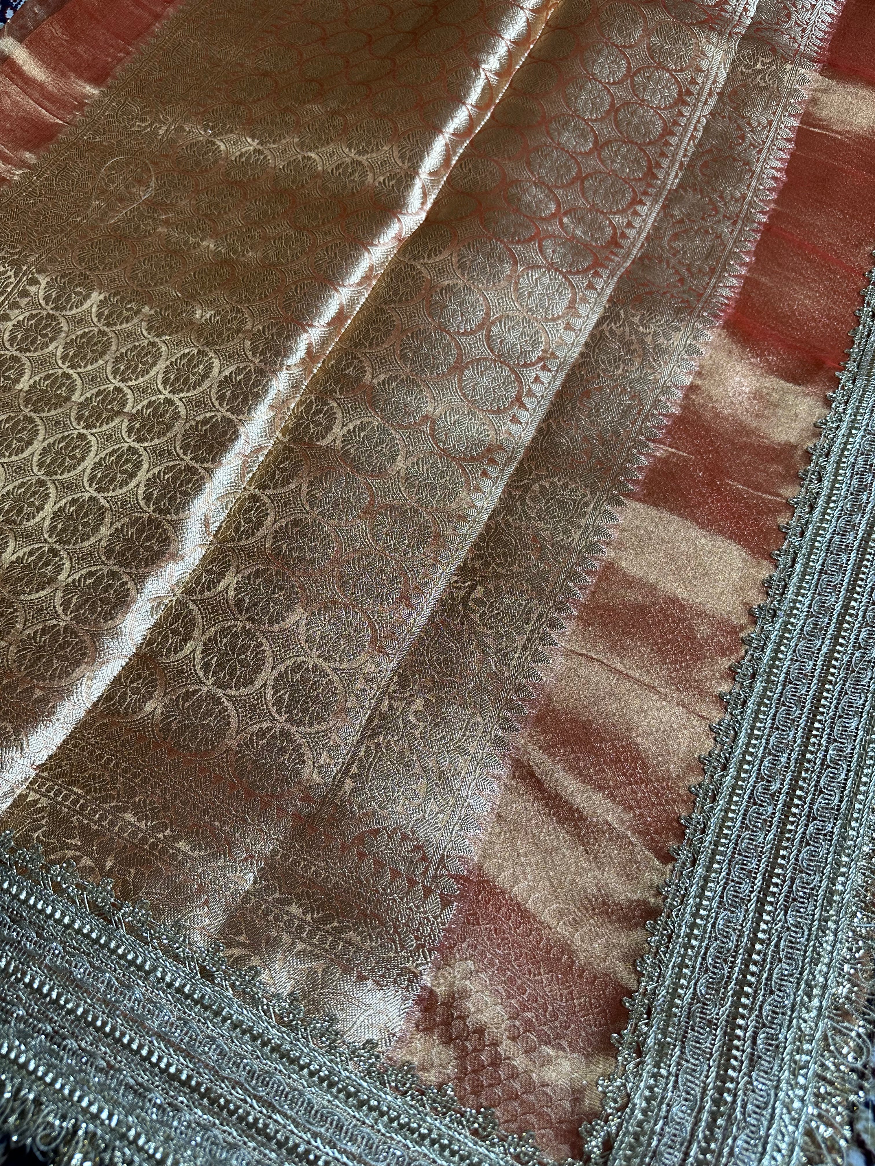 Sunset Orange Sheen Gulbahaar - Pure Tissue Silk Saree With Hand Embroidery