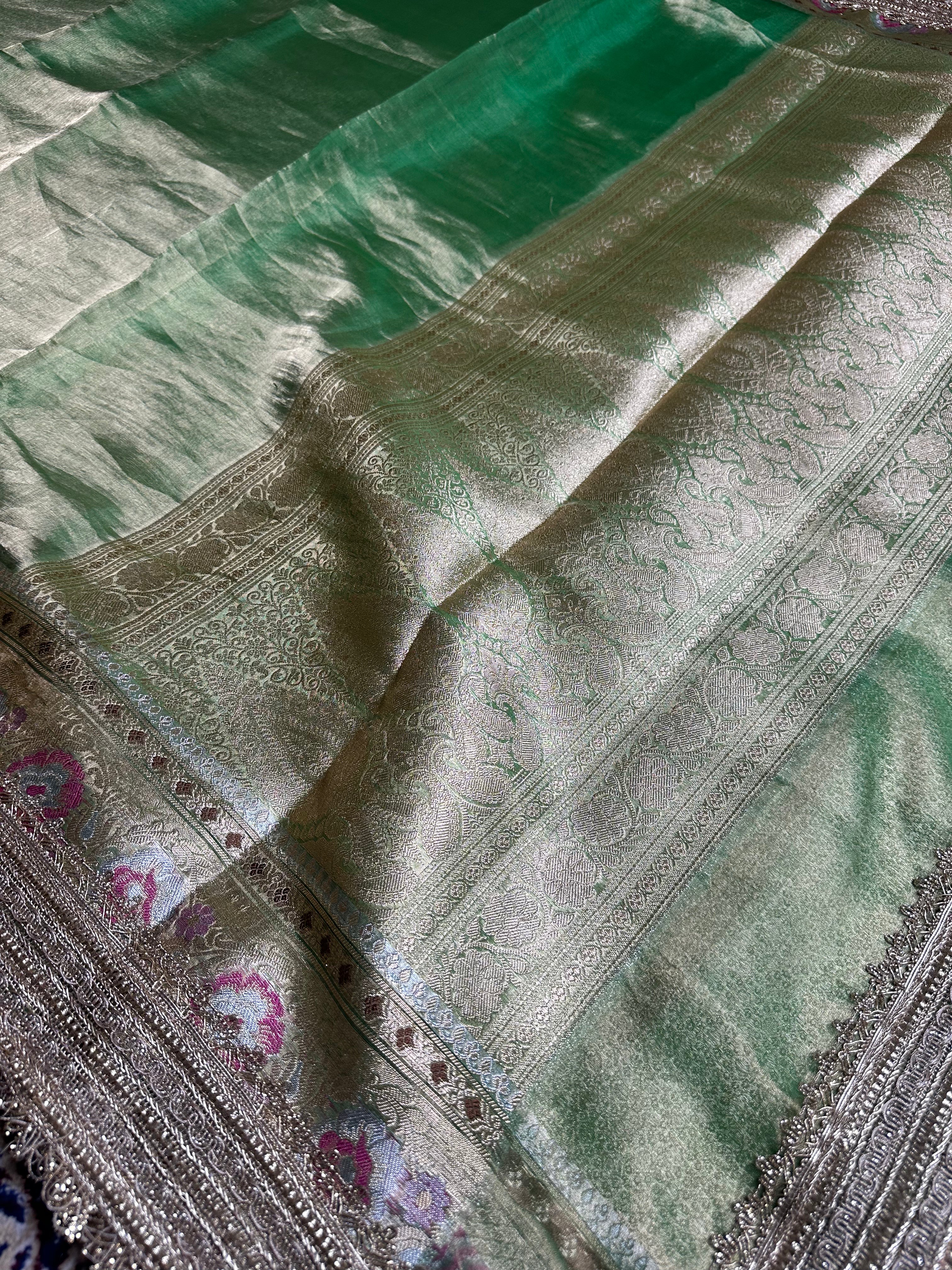 Deep Zaitoon Metallic Gulbahaar - Pure Tissue Silk Saree With Hand Embroidery and Meenakari Border