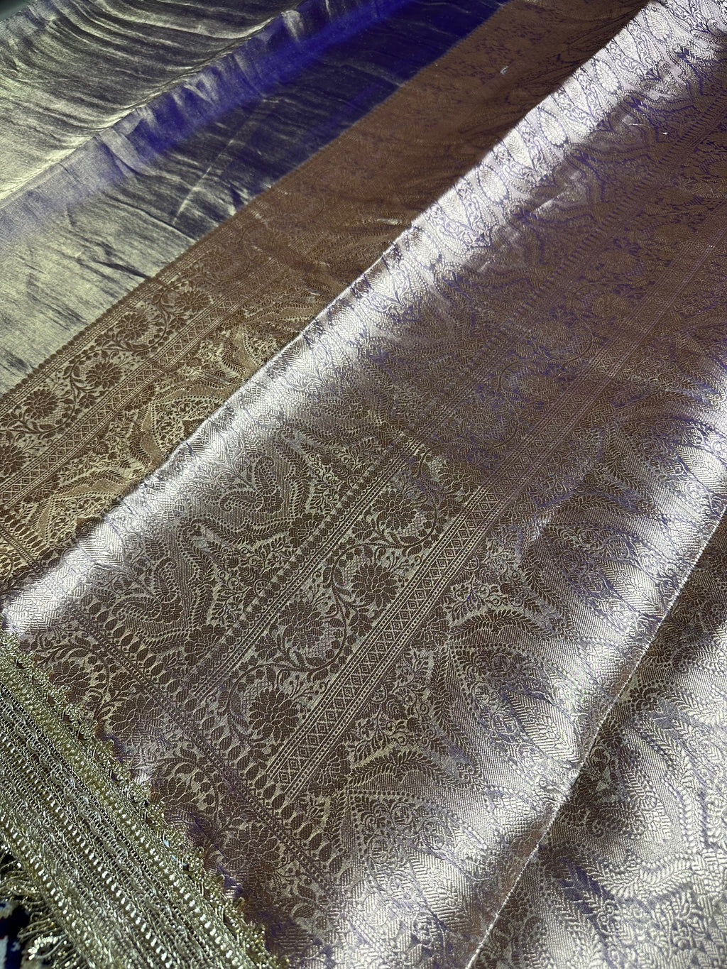 Frost Blue Metallic Sheen Gulbahaar - Pure Tissue Silk Saree With Hand Embroidery