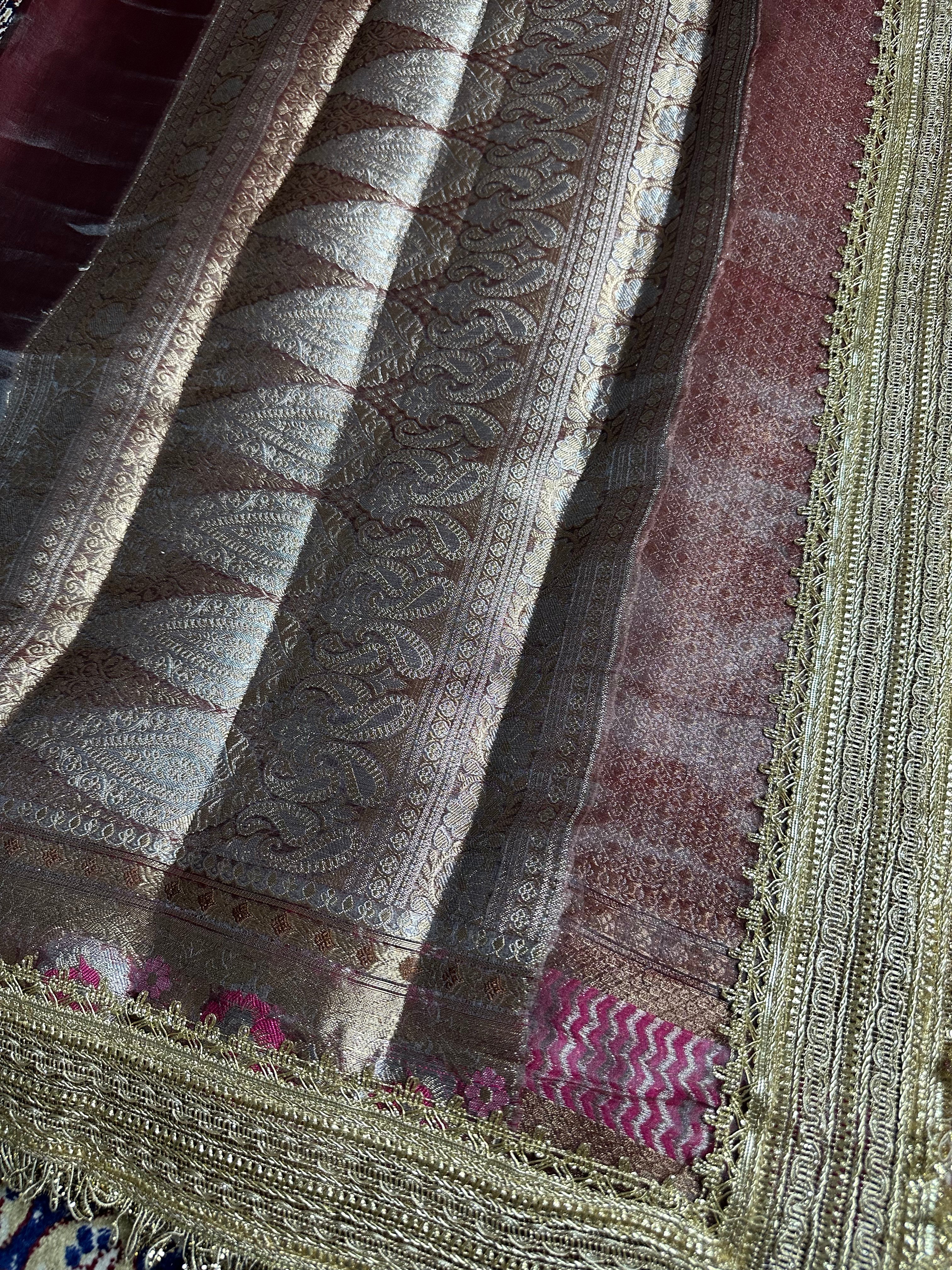Mocha Maroon Sheen Gulbahaar - Pure Tissue Silk Saree With Hand Embroidery and Meenakari Border
