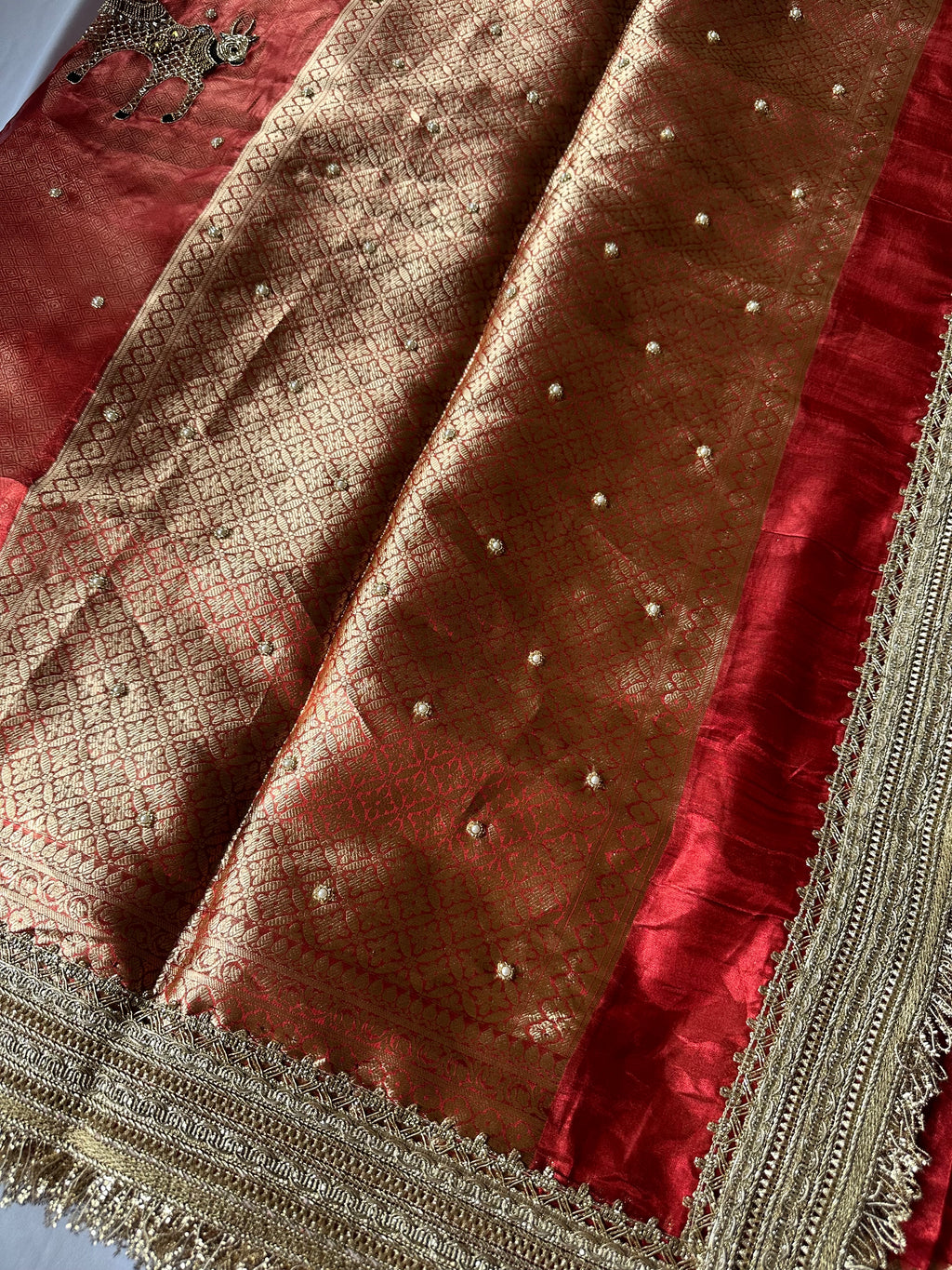Gokul Ki Mohini - Red Pure Tissue Silk Saree With Hand Embroidery