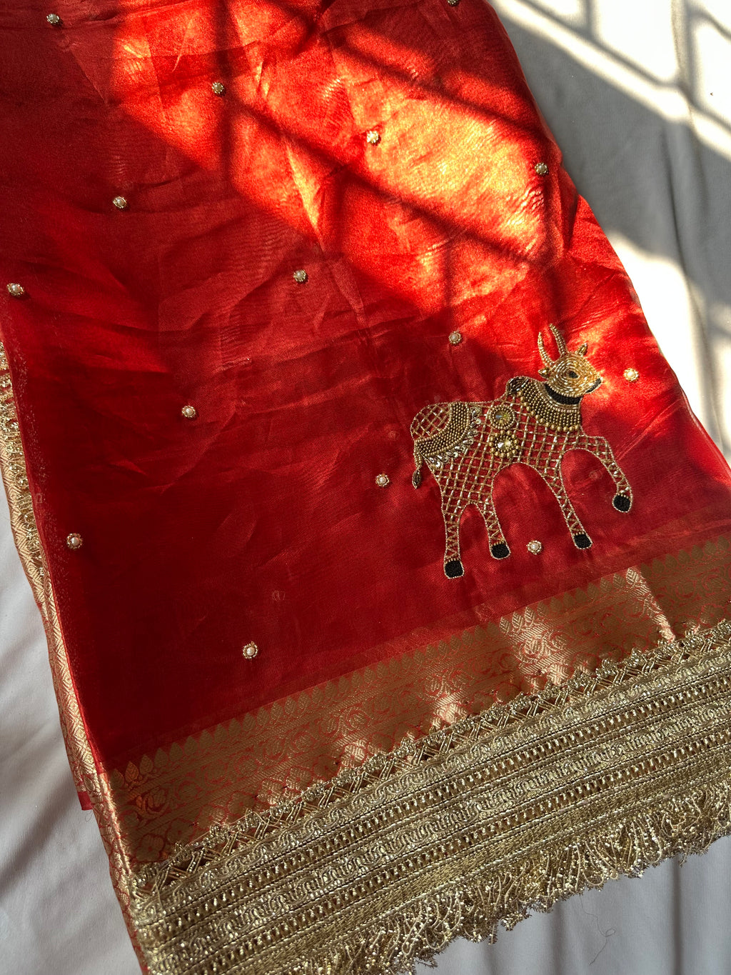 Gokul Ki Mohini - Red Pure Tissue Silk Saree With Hand Embroidery