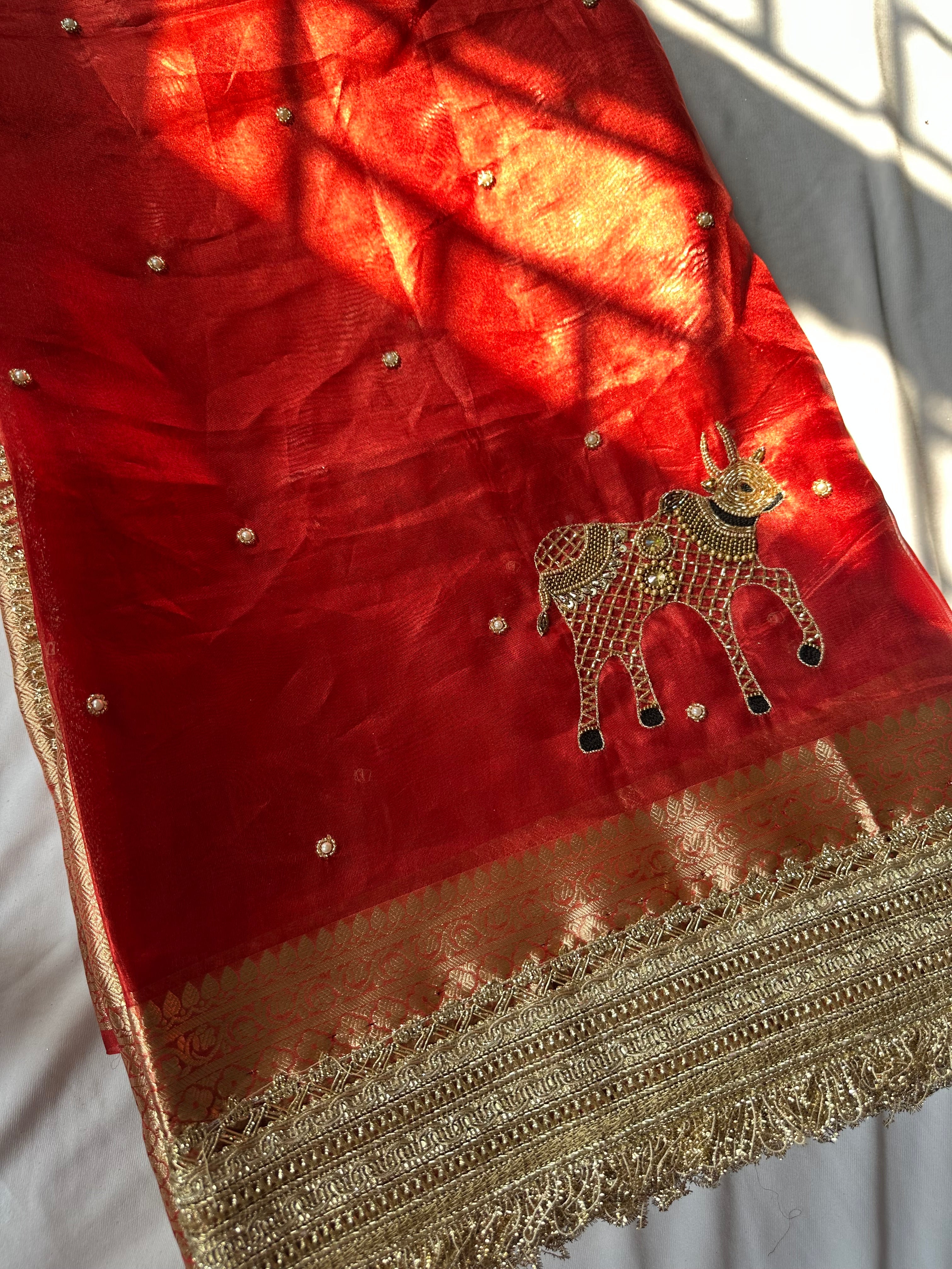 Gokul Ki Mohini - Red Pure Tissue Silk Saree With Hand Embroidery