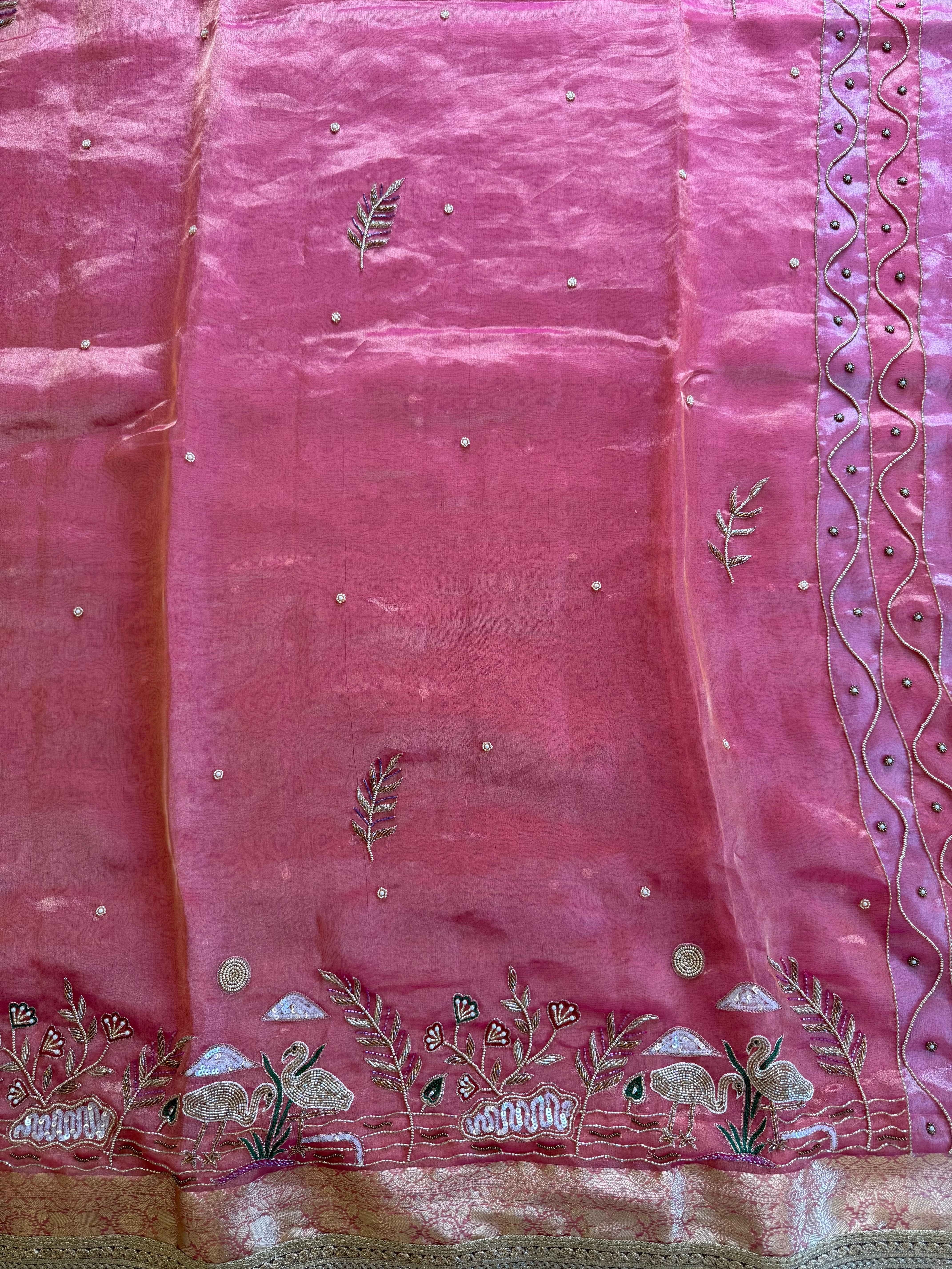 Gulabi Flamingo - Pure Tissue Silk Saree With Hand Embroidery
