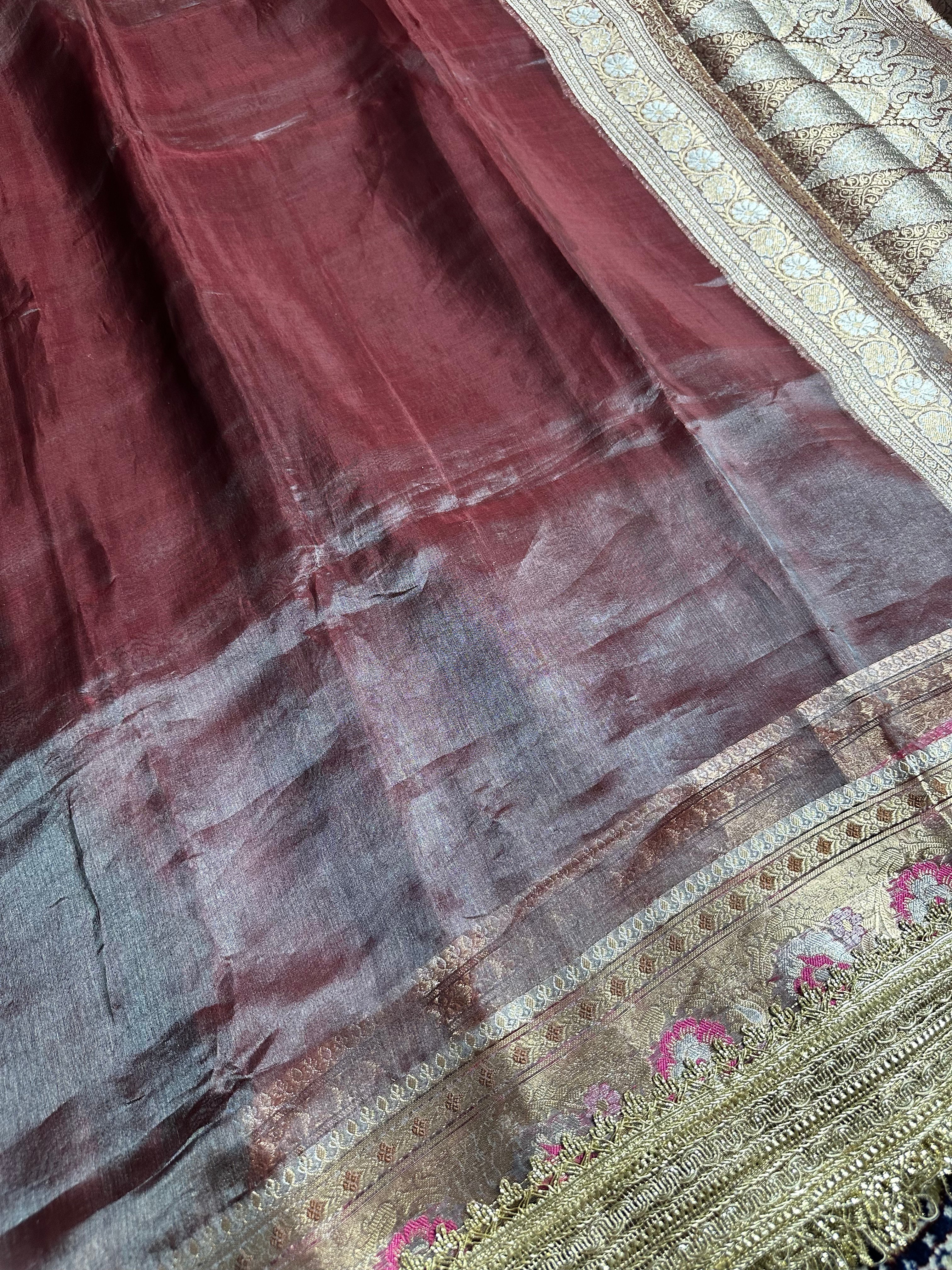 Mocha Maroon Sheen Gulbahaar - Pure Tissue Silk Saree With Hand Embroidery and Meenakari Border