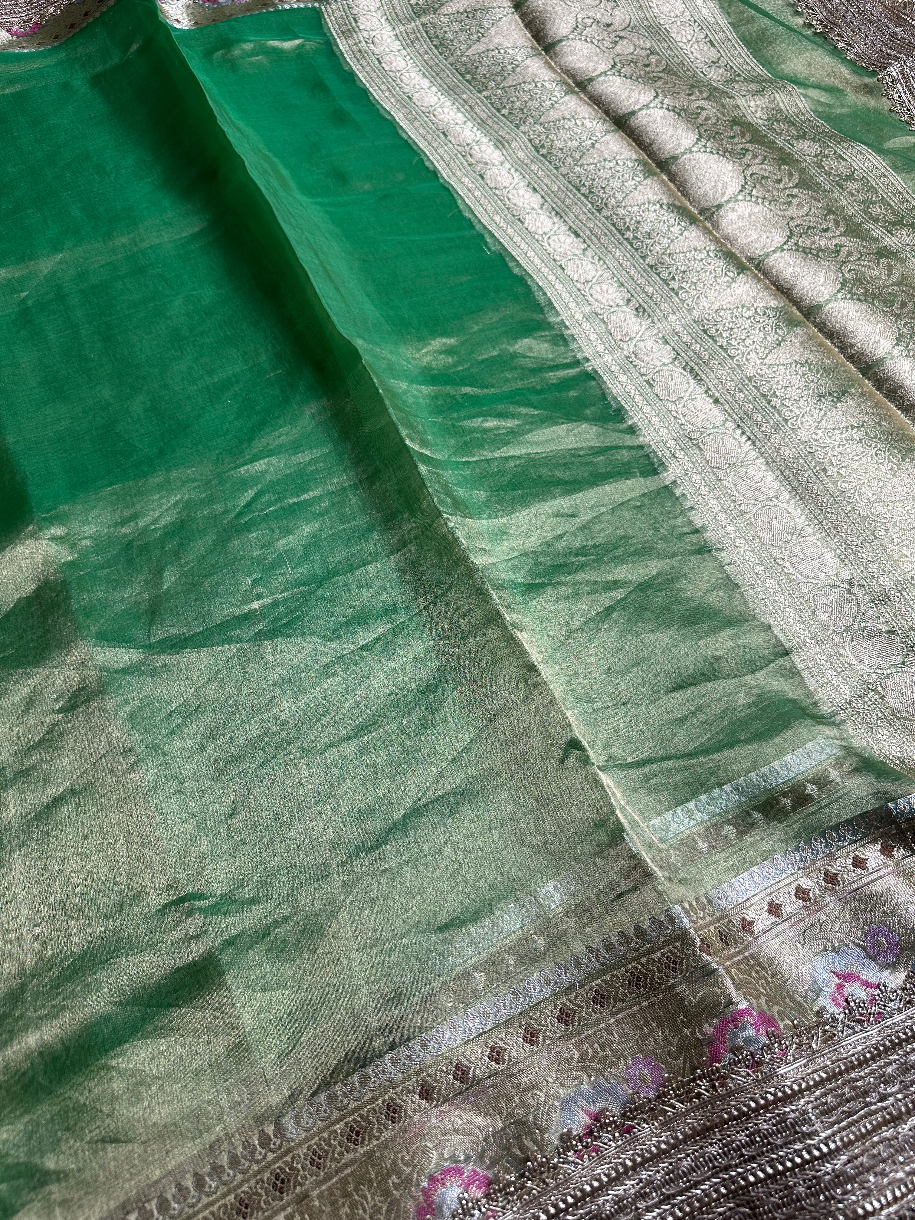 Deep Zaitoon Metallic Gulbahaar - Pure Tissue Silk Saree With Hand Embroidery and Meenakari Border