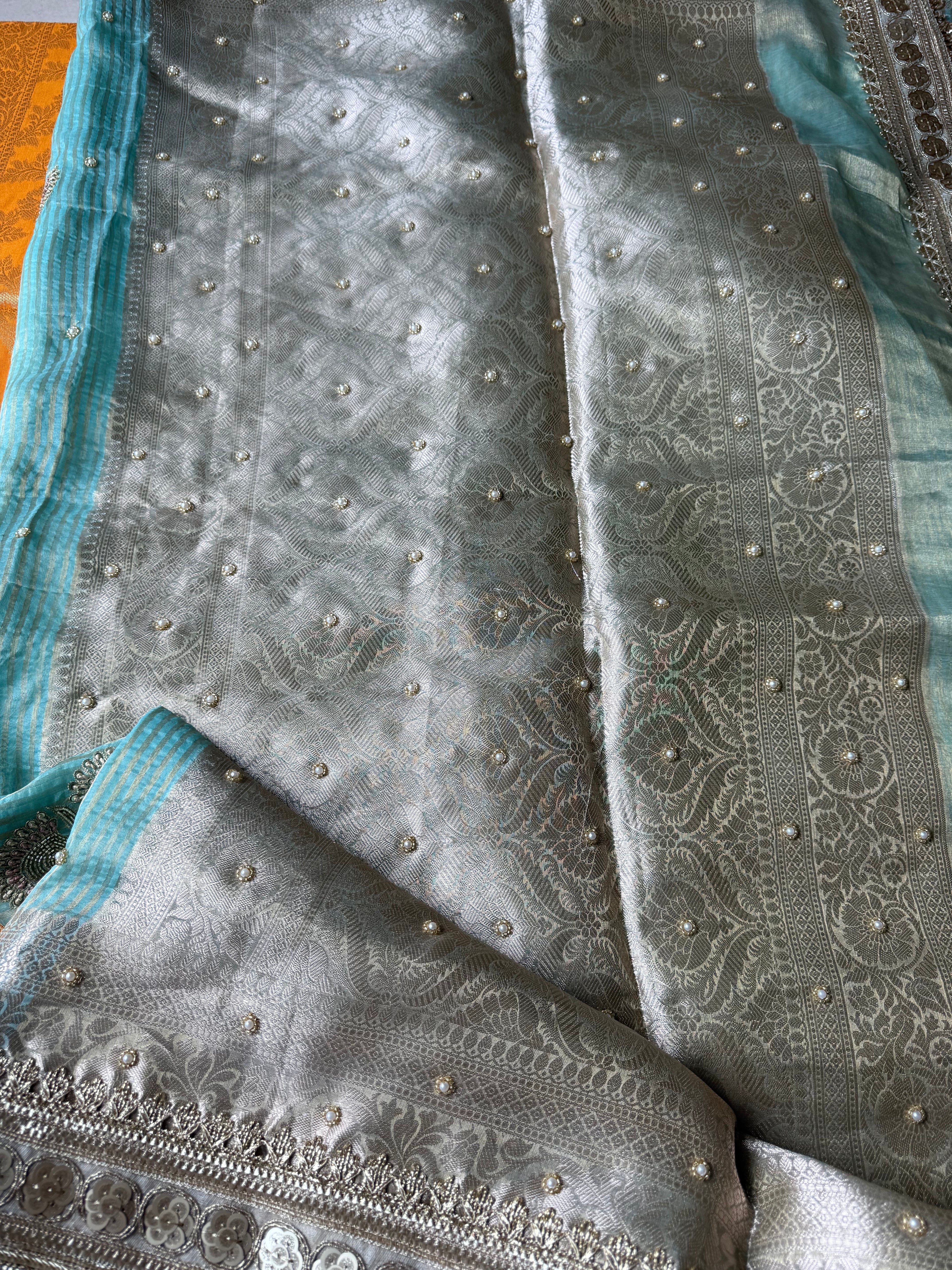Blue - Pure Tissue Silk Saree With Hand Embroidery