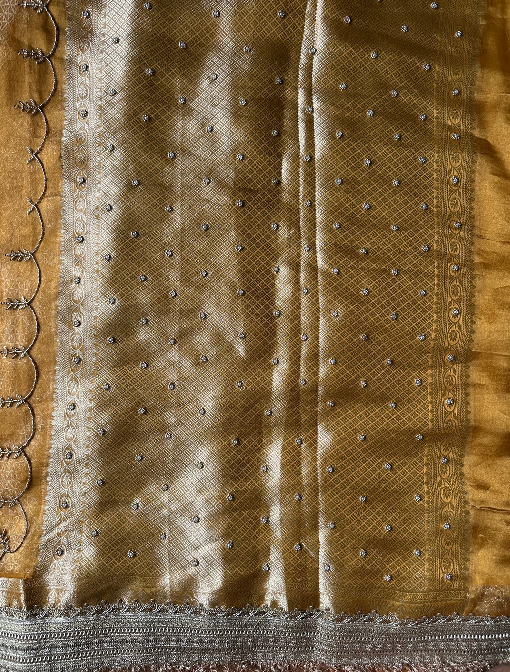 Yellow - Pure Tissue Silk Saree With Hand Embroidery